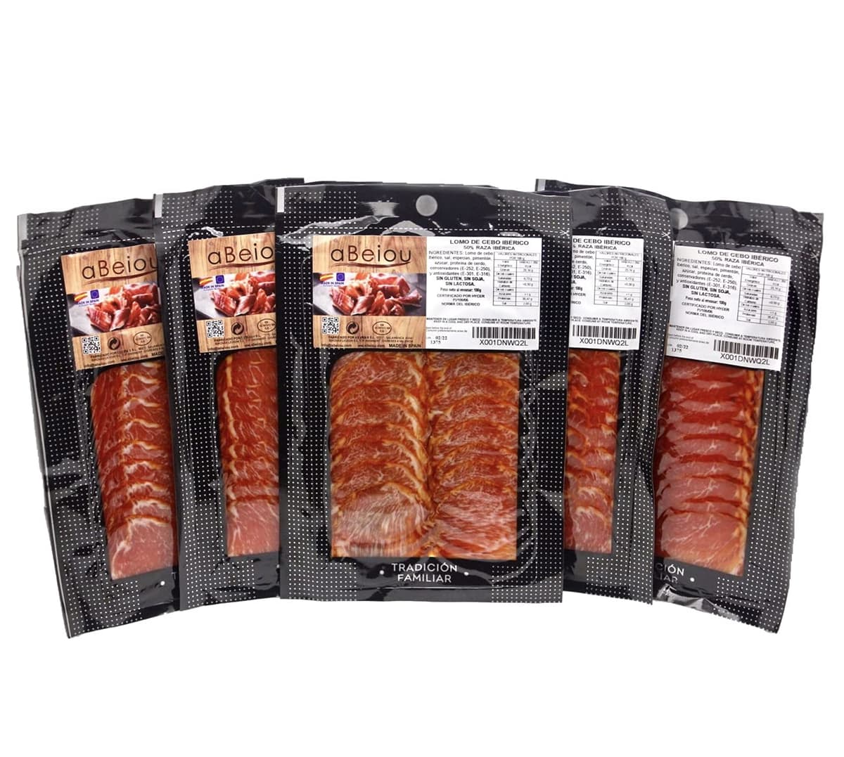Lomo Ibérico de Cebo Loncheado 50% Raza Ibérica 500 g (5×100 g) — Curación +12 Semanas — Cert. Hycer — Guijuelo Salamanca — aBeiou