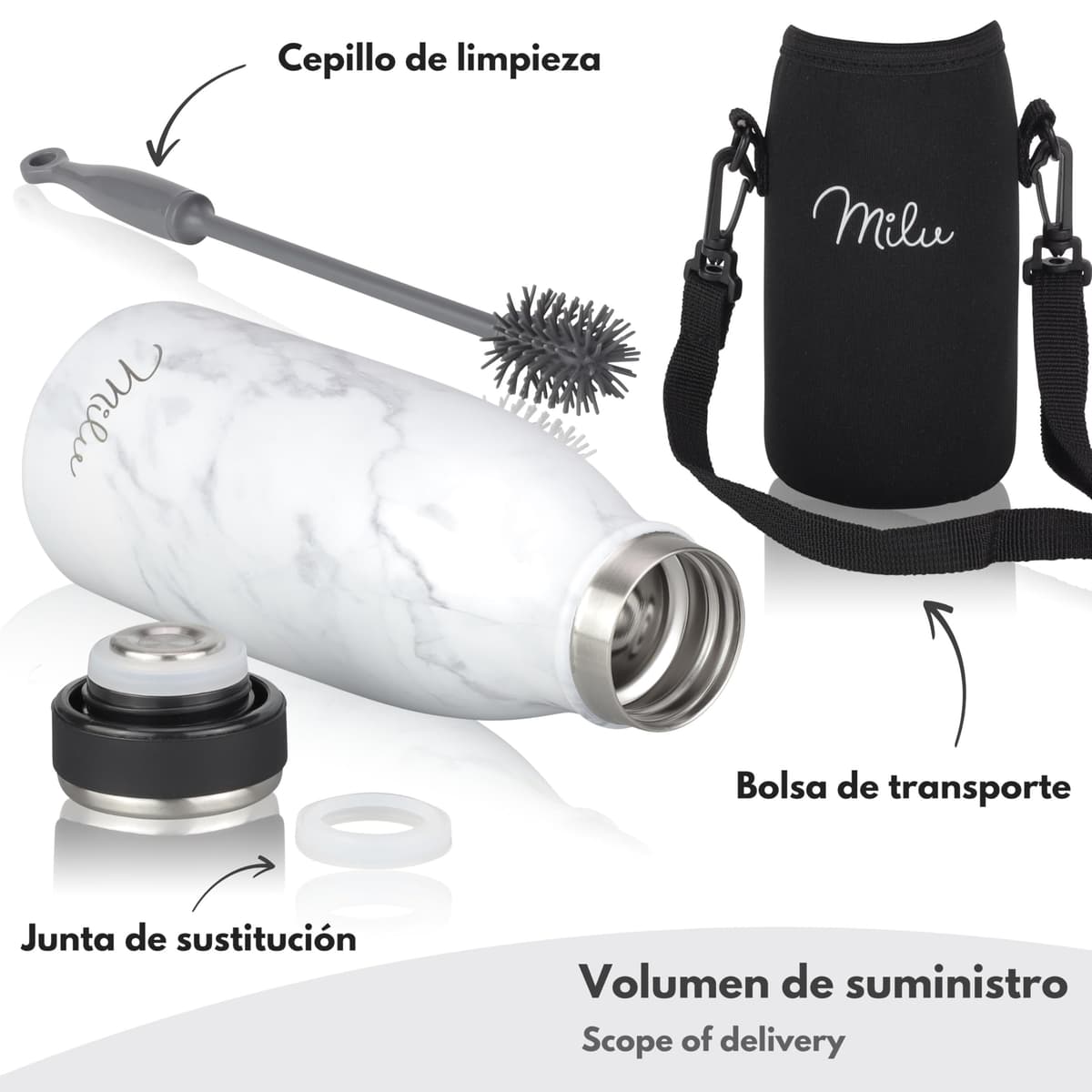 Milu Botella de acero inoxidable de 350ml 500ml 750 ml 1 L 1,5 L botella de agua aislada, termo a prueba de fugas, doble pared, apta para ácido carbónico + cepillo de limpieza (Azul Violeta, 350ml) — view 35