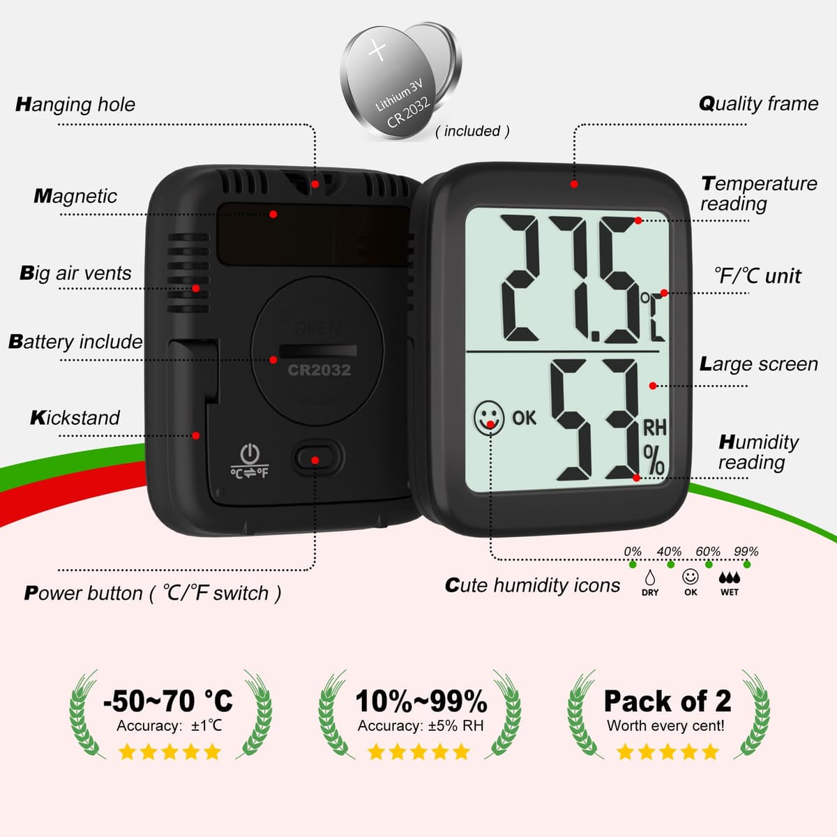 Antonki 2 Pack Room Thermometer for Home Indoor Hygrometer Humidity Meter Gauge Digital Temperature and Humidity Sensor Monitor for House Terrarium Incubator Greenhouse - Battery Included — view 7