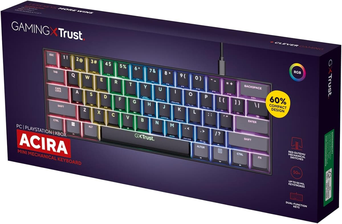 GXTrust 867 Acira Teclado Mecánico 60% Español QWERTY, Teclas de Doble Función, Iluminación RGB, Mini Teclado Gaming Compacto Programmable con Cable USB PC Portátil - Negro/Gris Mini (60%) — view 11