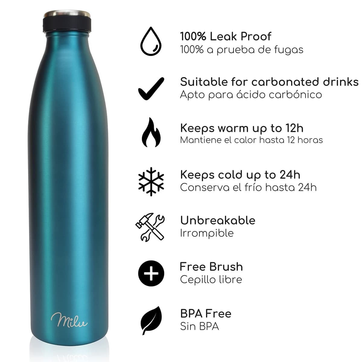 Milu Botella de acero inoxidable de 350ml 500ml 750 ml 1 L 1,5 L botella de agua aislada, termo a prueba de fugas, doble pared, apta para ácido carbónico + cepillo de limpieza (Verde, 1,5 L) — view 2