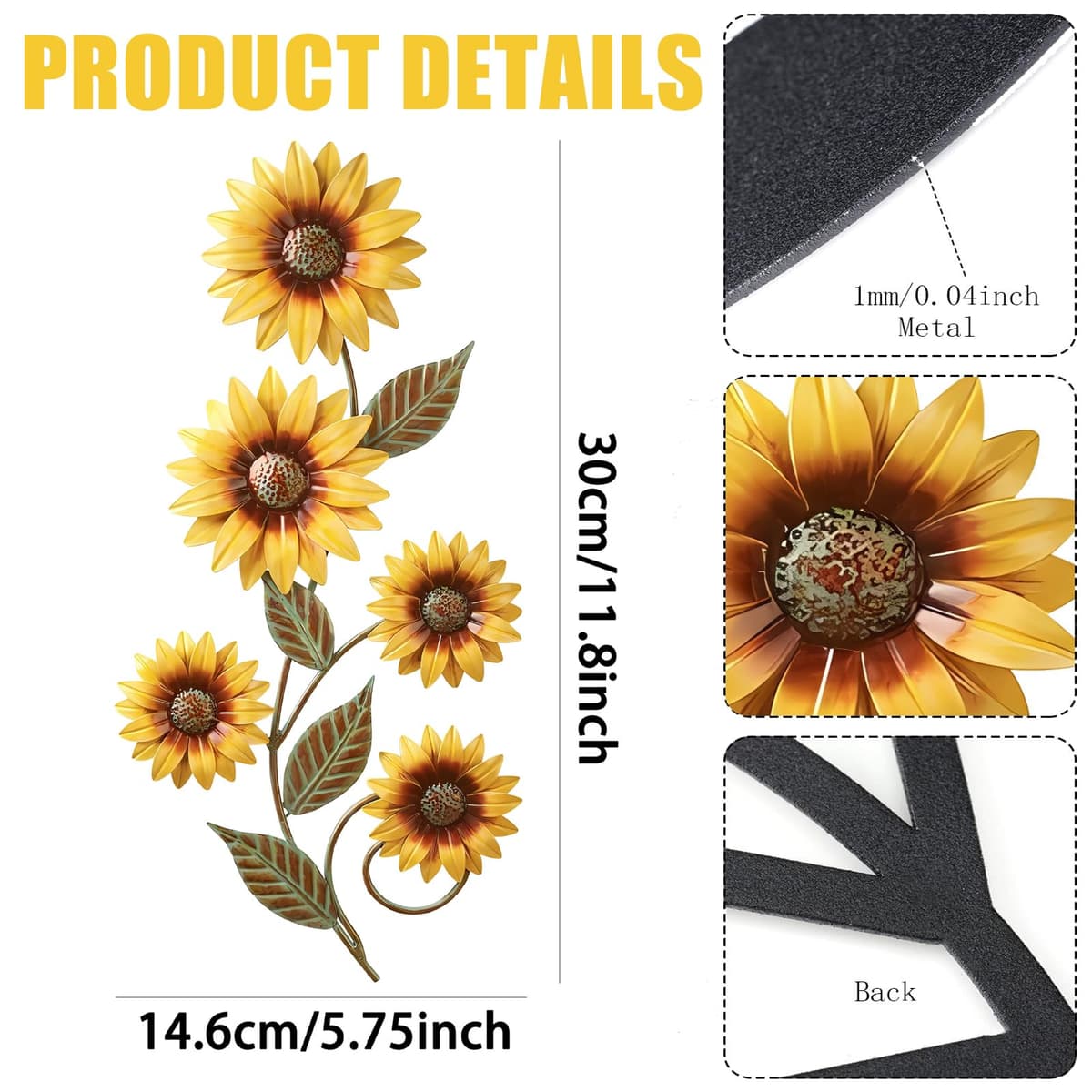 Plipdhy Metal Sunflower Wall Decorations,Garden Wall Art Outdoor Indoors,Metal Flowers Wall Hanging Ornament for Porch,Patio,Kitchen,Living Room,Farmhouse,Balcony — view 4