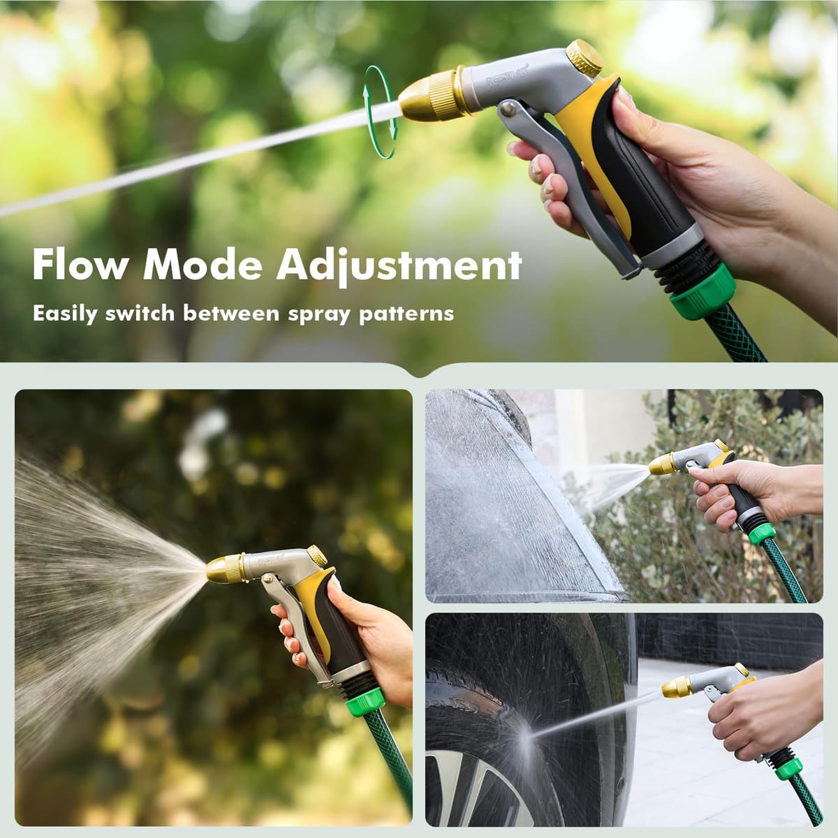 RESTMO High Pressure Hose Pipe Spray Gun, 100% Metal Garden Hose Gun with Solid Brass Head, Adjustable Water Flow, 4 Spray Patterns, Ideal for Car Washing, Gardening, Patio & Window Cleaning, Yellow — view 5