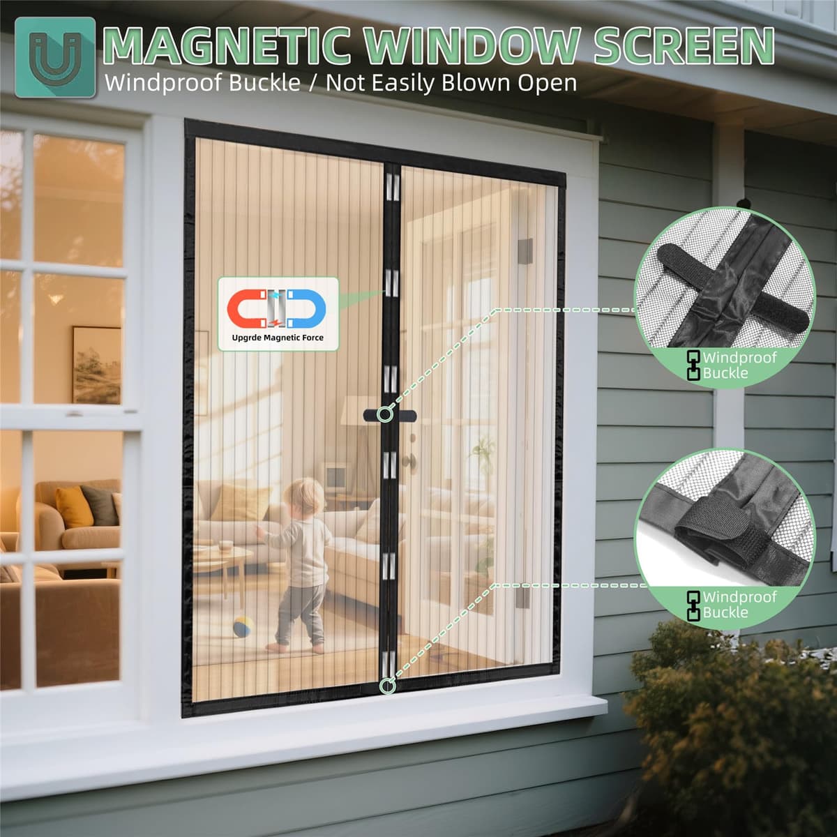 WENT Mosquitera magnética para ventanas, 90 x 120 cm, mosquitera magnética para puertas y ventanas, corredera, cierre automático, con cinta adhesiva, instalación rápida sin herramientas, color negro — view 4