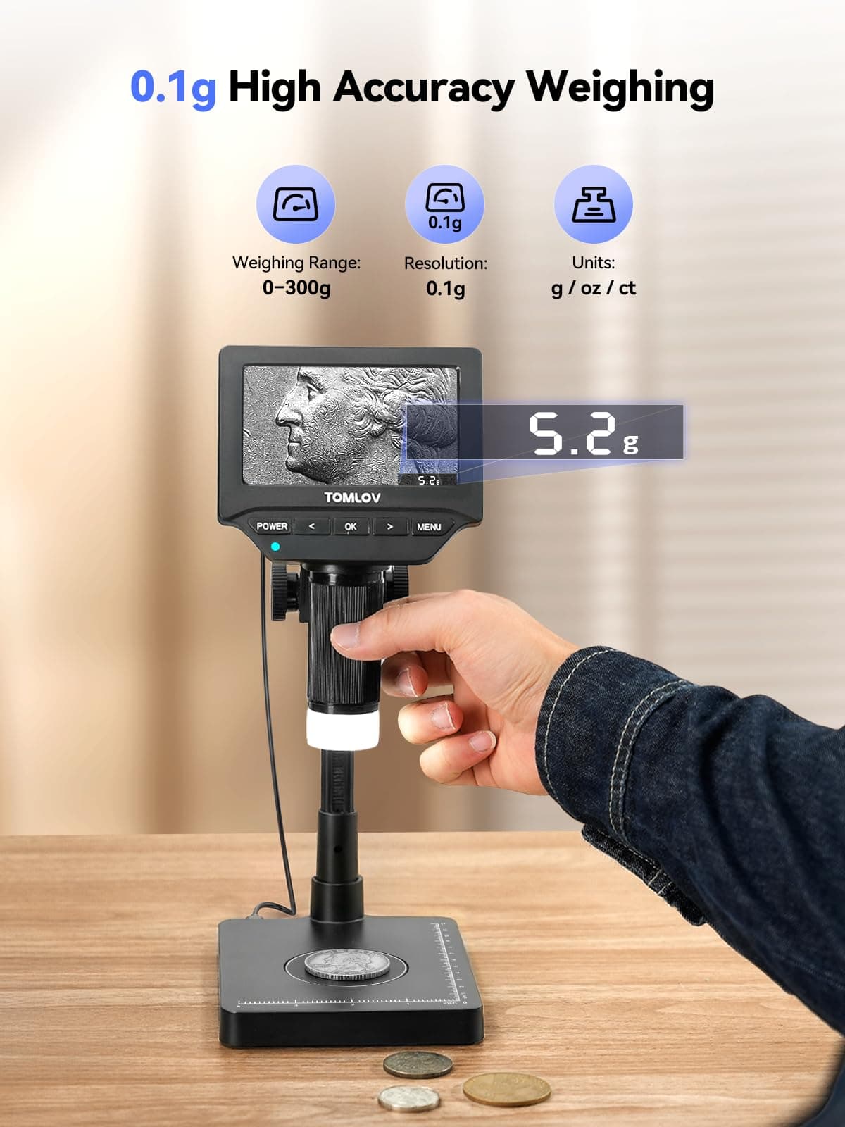 TOMLOV DM4W Digital Microscope with Scale: Coin Microscope with 4.3" IPS Screen, Coin Magnifier with Light, Precise Scale for Collectors, Jewelers, Compatible PC/Mac — view 2