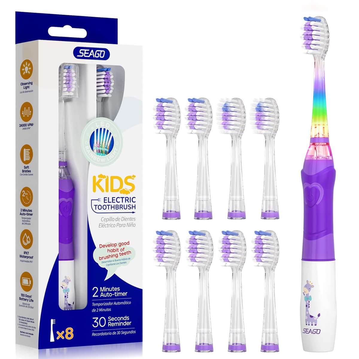 Seago Cepillo de Dientes Infantil Eléctrico Para Niños 3–12 Años Kids Con Luz de Colores,Temporizador Inteligente de 2 minutos,4 Cabezales Suaves SG-EK6/SG-977 (Rosa) — view 16