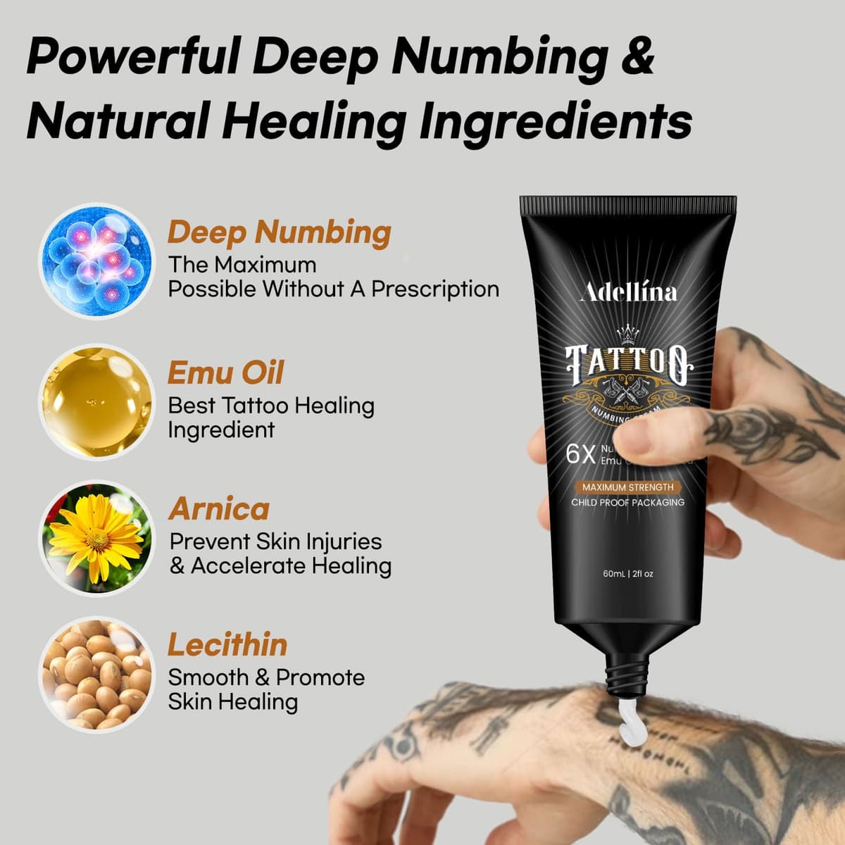 Tattoo Numbing Cream, Maximum Strength Numbing Cream for Tattoos, Waxing & Piercing for Men and Women, Long Lasting Tattoo Cream (2oz / 60g) — view 6