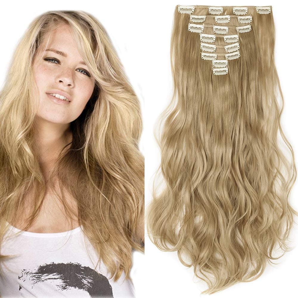 24"(60cm) SEGO Extensiones de Cabello Clip de Pelo Sintético Se Ve Natural 8 PCS [Sandy Rubio mezcla Blanqueador Rubio] Rizado Ondulado Largo Postizos Pelucas (140g) — view 30