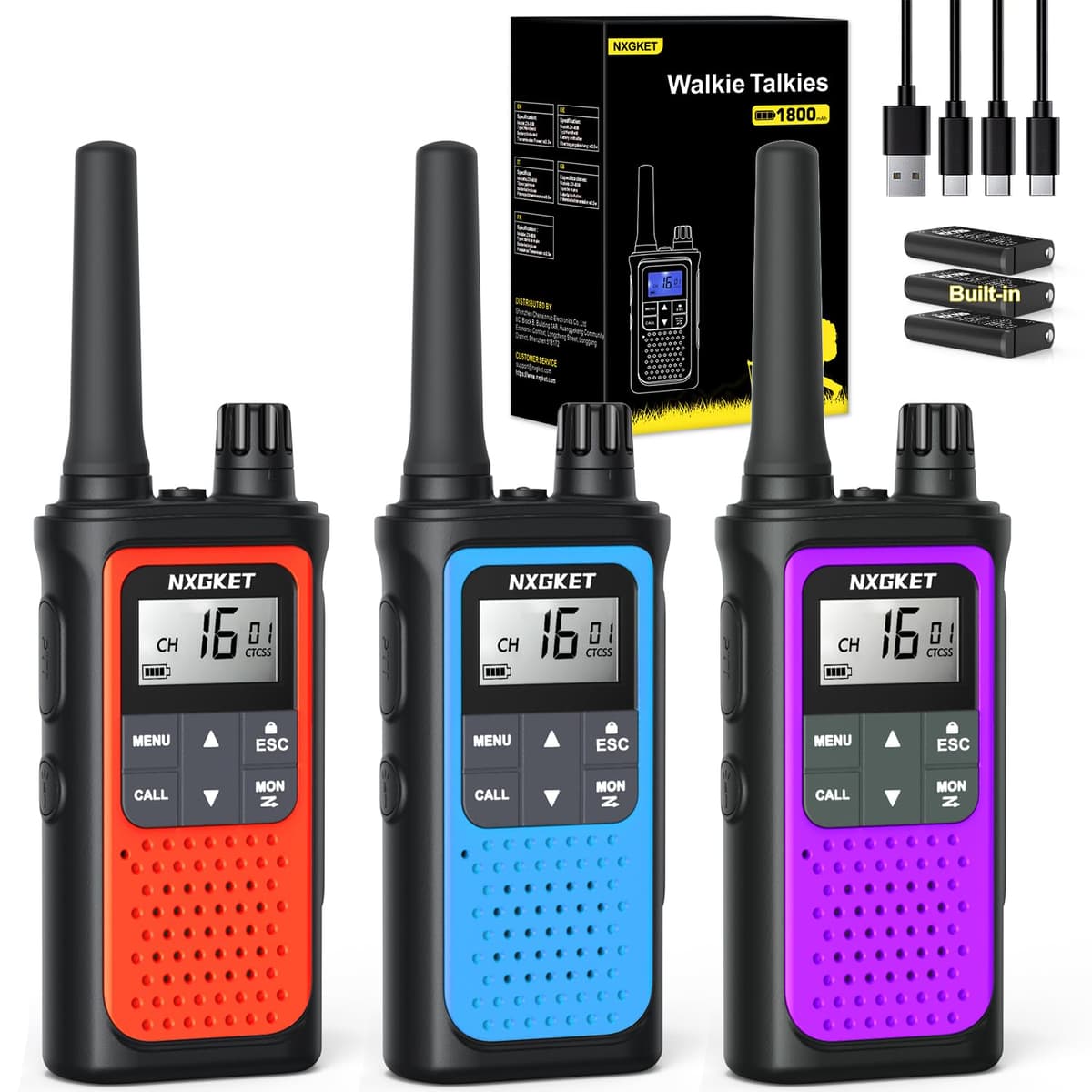 NXGKET Walkie Talkies for Adults Long Range,3Pcs PMR446 Rechargeable walkie talkie w/Built-In Batteries,16 Channels Radios with USB Type-C Cable,VOX Hand-free Auto Squelch for Outdoor Camping Hiking