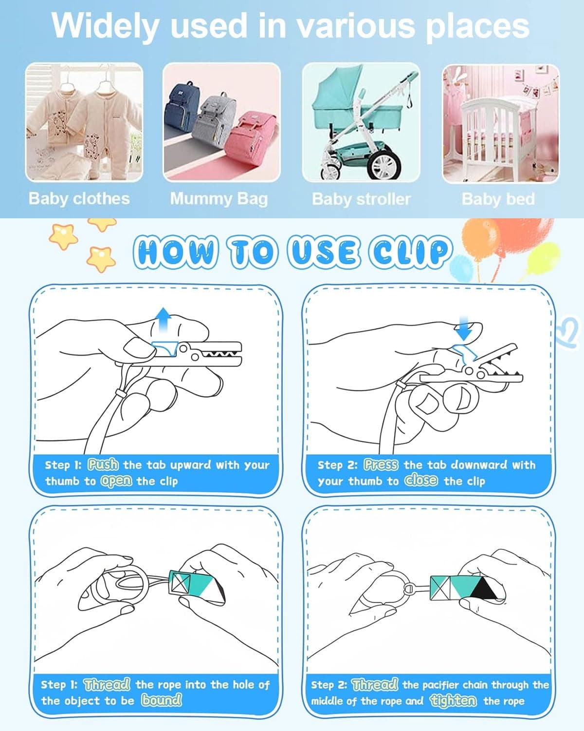 LEEQBCR 4 Pcs Chupetero de clip para Bebé,Ajustable Cadena para Chupete Bebe,Cadena de Chupetes para niños y niñas,Diseño de Una Pieza,Sin BPA,Protege a tu bebe — view 4