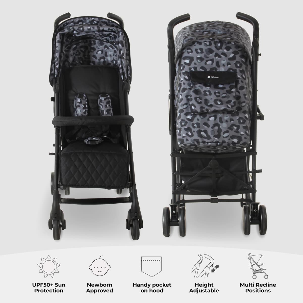 My Babiie MB51 Stroller – from Birth to 4 Years (22kg), Lightweight, Umbrella Fold, Travel Buggy for Toddlers, Pushchair Includes Footmuff, Cup Holder, Rain Cover - Black Leopard — view 4