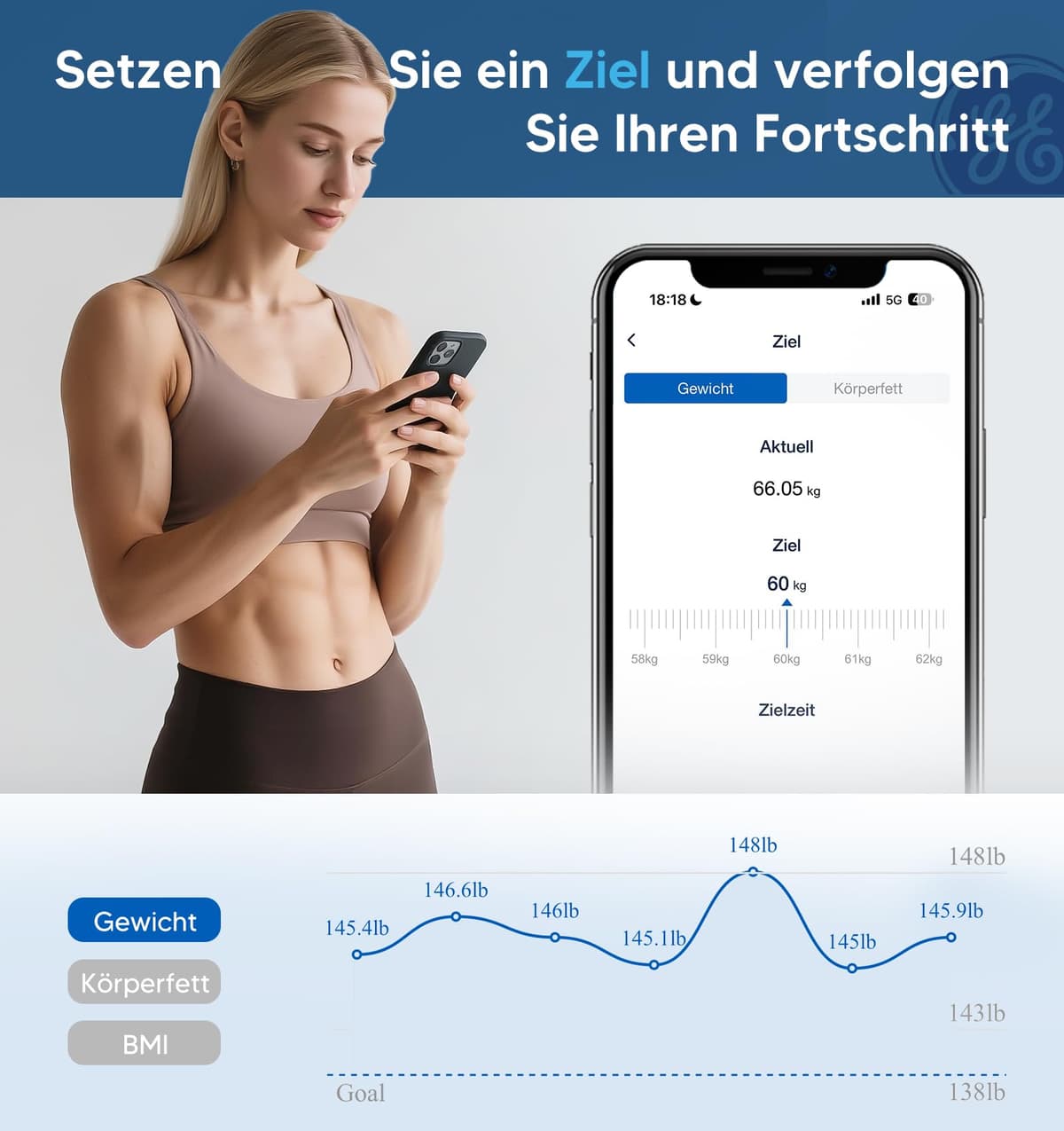 GE Bascula Grasa Corporal y Muscular, Digital Bascula Inteligente con Aplicación 14 Medidas Corporales IMC Bluetooth Báscula de Baño Precisa 180 kgs Black — view 5