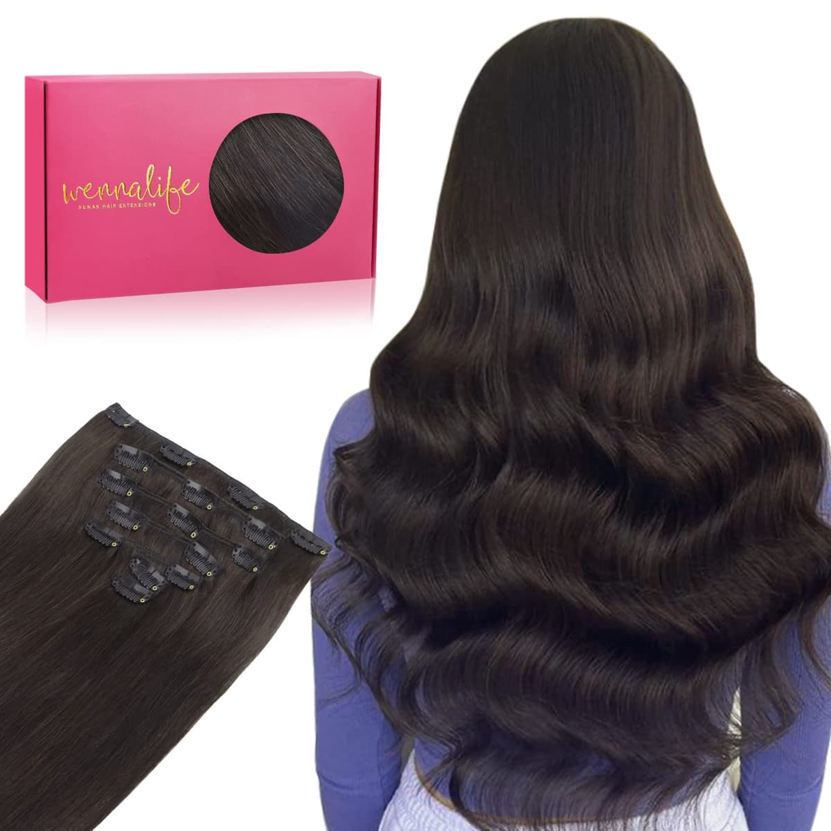 WENNALIFE Remy - Extensiones de clip de pelo natural, 70 g, 7 unidades, 50 cm, color marrón oscuro