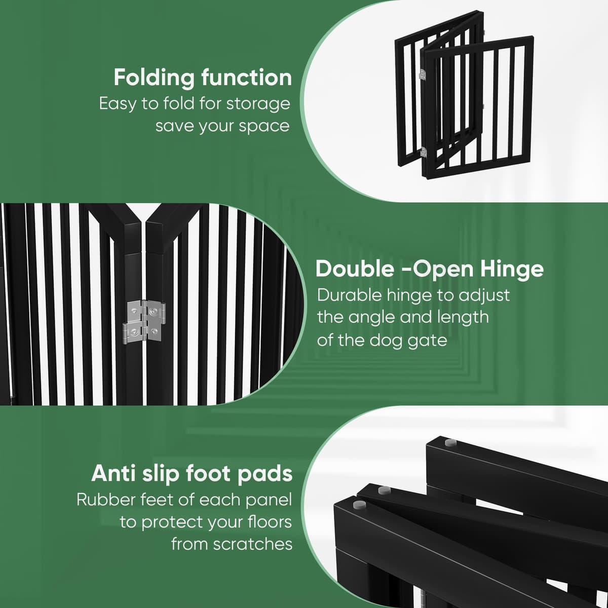 Dog Gates for Doorways, Foldable Dog Gate Indoor, Freestanding Pet Gates for Doorways Bedroom, Puppy Gate with Metal Support Feet, Room Divider 3 Panels (Black) — view 3