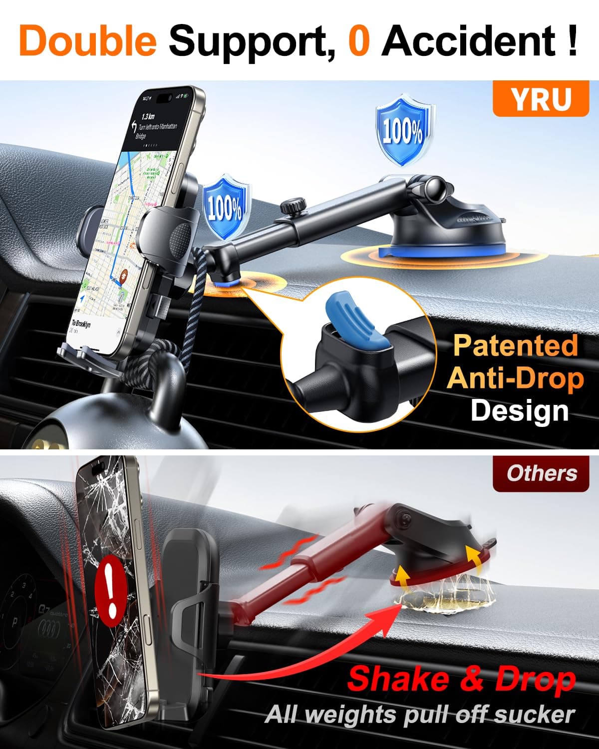YRU [True Military-Grade & 360° Rotatable Suction 2026 Ultimate Car Phone Holder Mount【90+LBS Safest Strongest & Patent Certs】 Dashboard Windscreen Vent for iPhone 17 16 Pro Max Samsung, Pure Black — view 9