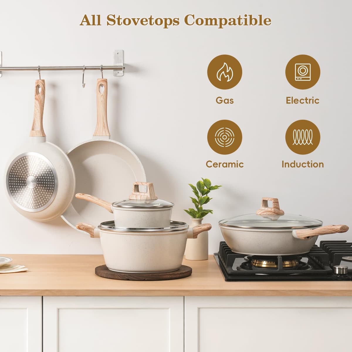 12 Pcs Pots and Pans Set Non Stick, Cookware Sets White Granite Induction Cookware, Non-toxic Healthy Nonstick Kitchen Cooking Set with Frying Pan Set, Saucepans (PFAS/PFOA/PFOS Free) — view 7