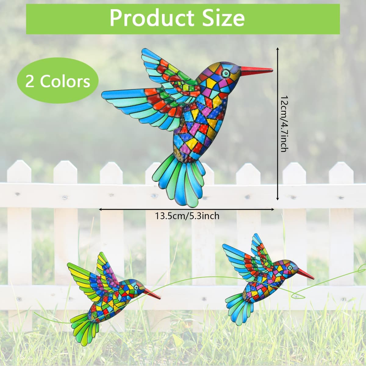 Weysoo 2 Pcs Metal Hummingbird Garden Ornaments Outdoor,Wrought Iron Colorful Hummingbird Wall Decor for Outside Garden Patio Fence Home Bedroom Hanging Decoration — view 2