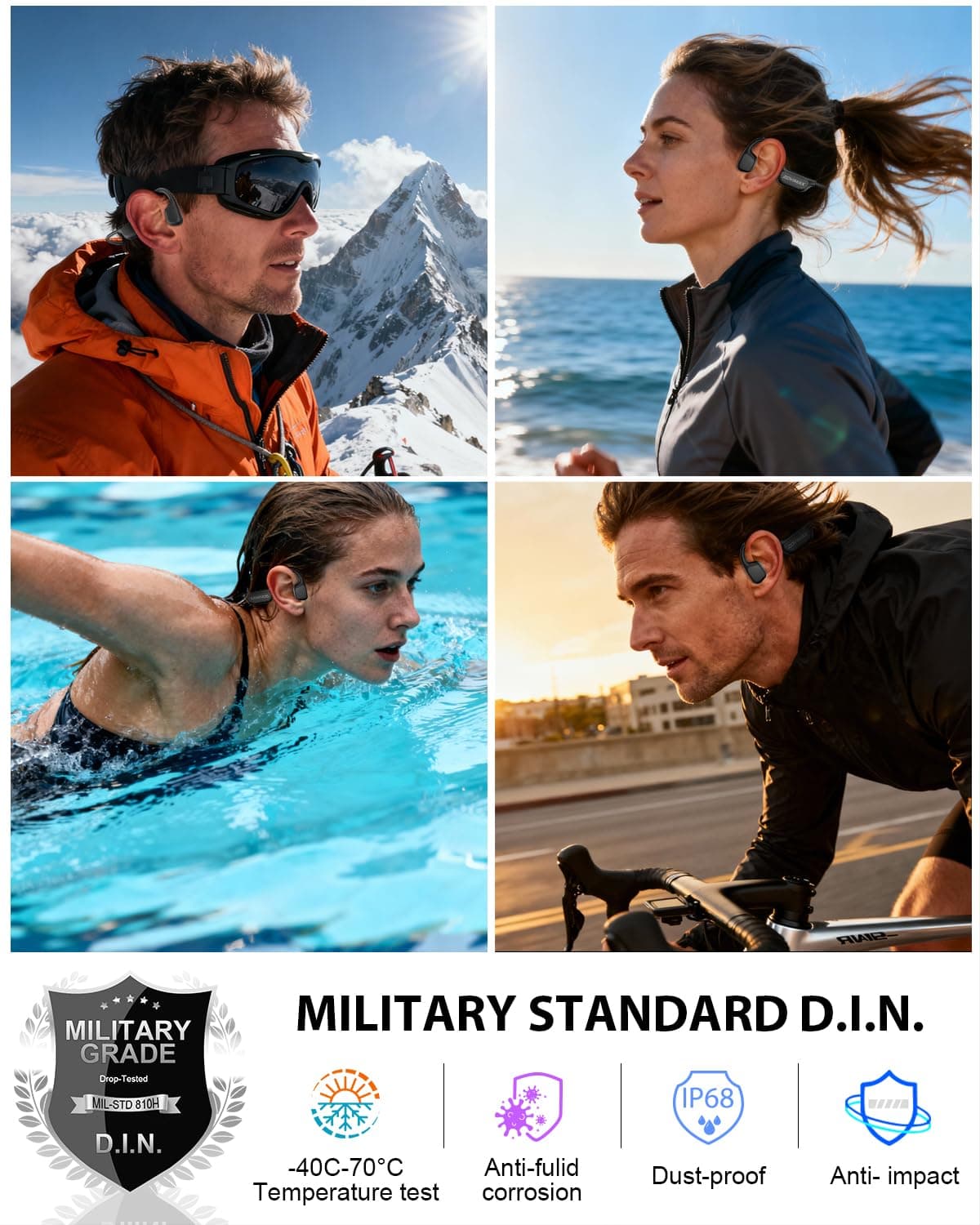 Military Bone Conduction Headphones, Bluetooth 6.0, IP68 Swimming Waterproof Sports Headphones with 32GB MP3, 12h AI Open Ear Anti-Wind-Earphone for Diving/Surfing/Racing/Cycling/Fitness — view 5