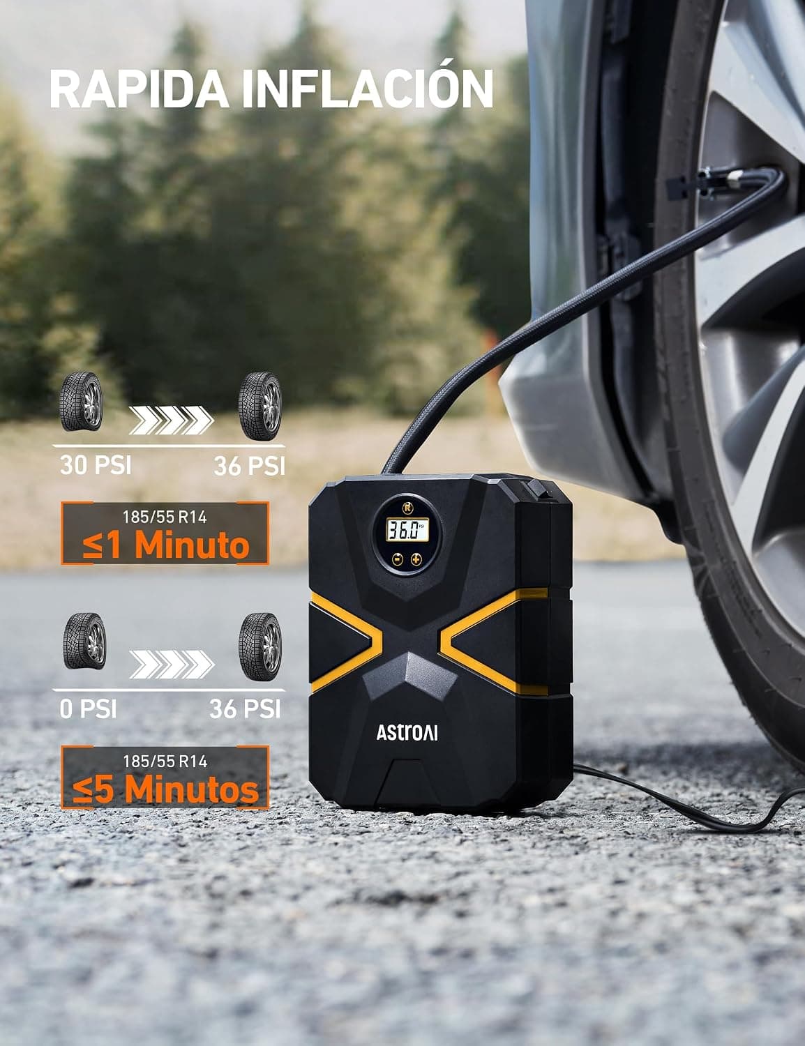 AstroAI Inflador Ruedas Coche Digital 12V, Compresor Aire Portátil 150 PSI, Hinchador Neumáticos Eléctrico con Pantalla LCD y Luz LED para Coche, Bicicleta, Moto y Etc. — view 4