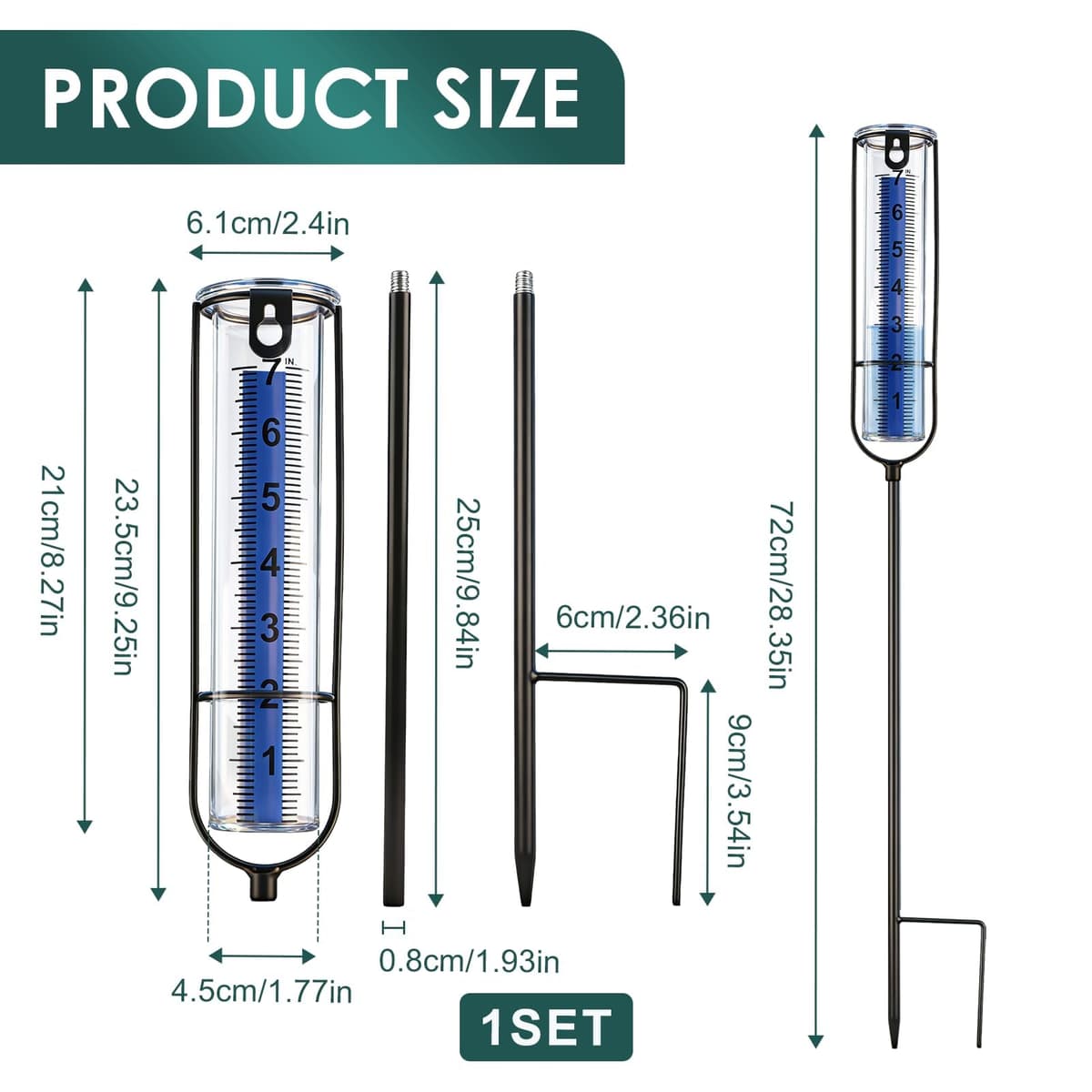 Rain Gauge for Outdoor, Freeze Proof Water Gauge Adjustable Height Rain Catcher Measure, Dual Scale Accurate Rainfall Measurement Tool for Outdoor Yard, Garden, Lawn, Farm & Golf Course - Easy to Read — view 2