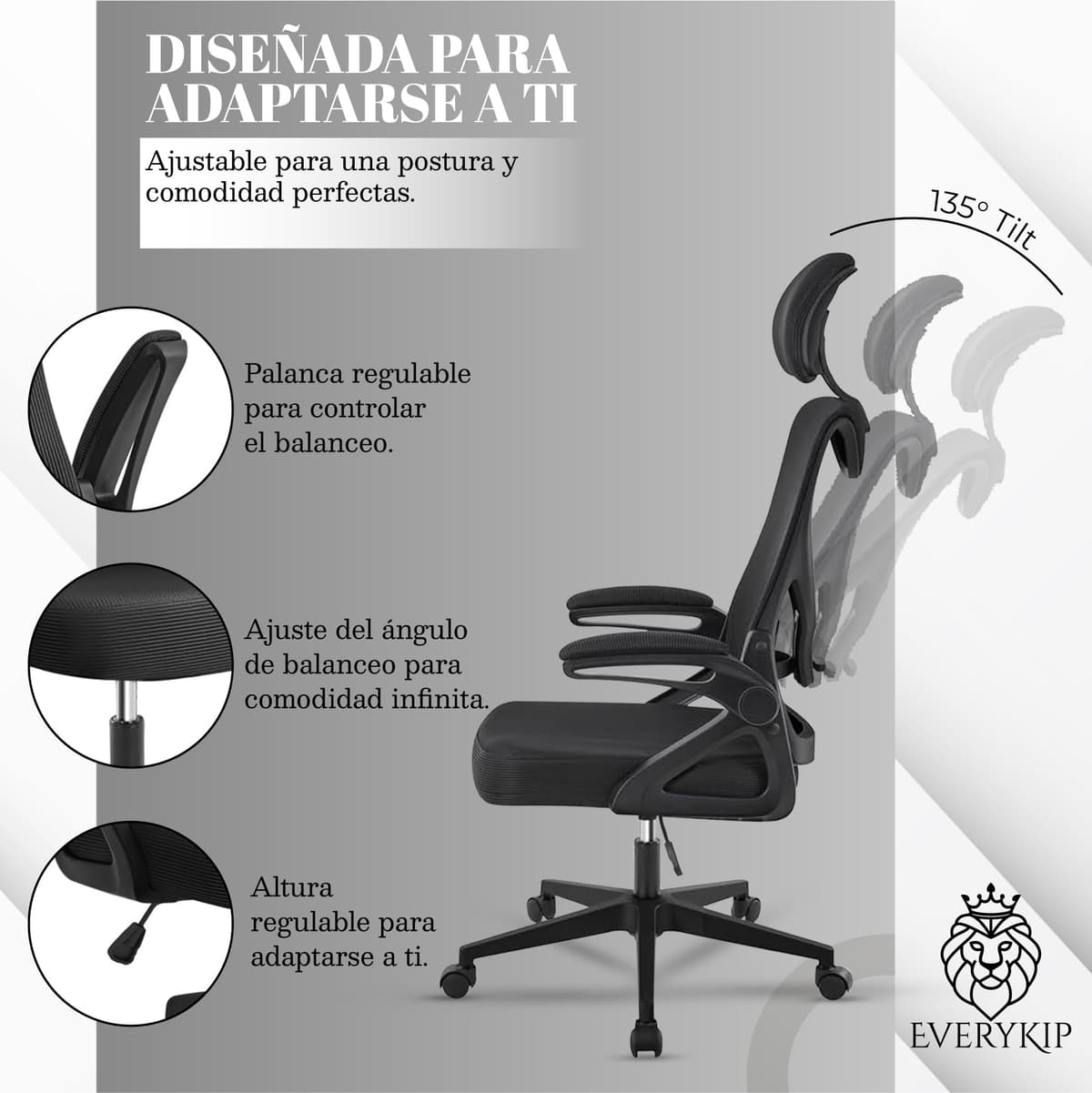 EveryKip® Silla Escritorio Ergonomica Ajustable con Reposabrazos Negro| Ruedas Anti-Arañazos | Sillas Oficina Ejecutiva con Reposacabezas | Cadeira Ergonómica Office Chair (Negro) — view 4