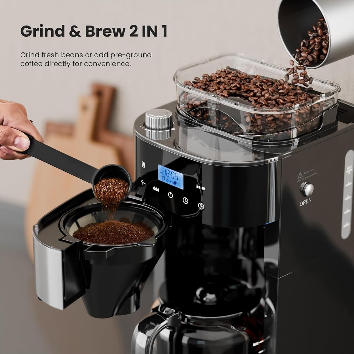 10-Cup Drip Coffee Maker with Built-in Grinder, Programmable Grind & Brew, 220g Bean Hopper, Adjustable Grind Size & Coffee Strength, Descaling Alert, 24H Timer, 2H Keep Warm, LED Touchscreen — view 4