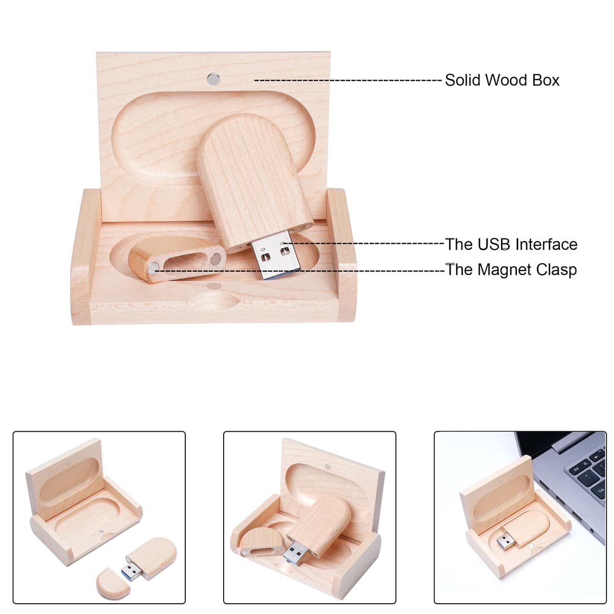 Memoria 3.0 USB 8GB Pendrive Hoja de Madera Divertido Pen Drive 8GB con Caja de Regalo de Madera Práctico Unidad Flash USB Almacenamiento para Regalo de Cumpleaños Llave USB — view 3