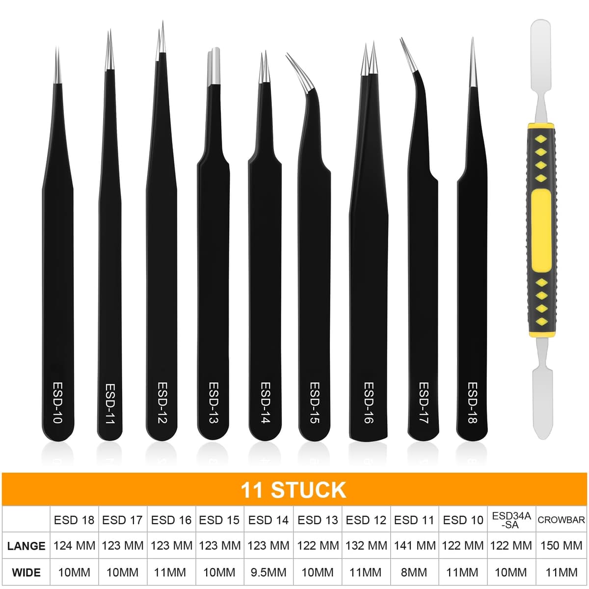 Ainiv Kit 12 Pcs Pinzas de Precisión, Tweezers ESD Anti-Estáticas de Acero Inoxidable Electrónicas, Trabajo de Laboratorio, Joyería, Maintenance Tools, Negro — view 2