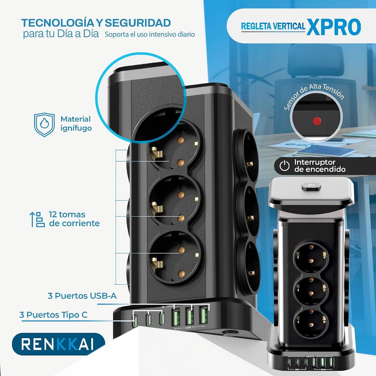 Power Strips Sockets 18 Ports with Switch | Extension Cable | Power Strip Plugs with USB | USB 3 + 3 Ports USB Type C | Multiple Plug | Tower Sockets Vertical | 3 M Cable — view 3