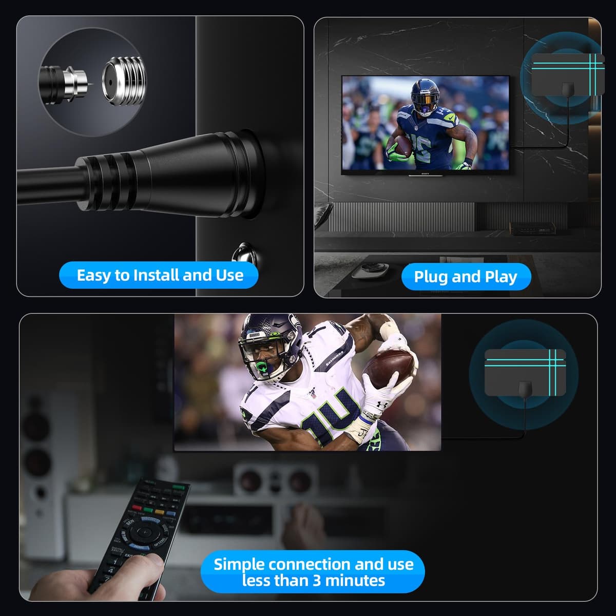 TV Ariels Indoor,650+ Miles Range Indoor TV Aerial for Smart TV and Older with Signal Booster - Digital Aeria for Local Channels Support HD 4K 1080P -16.4ft Aerial Cable (Classic Black) — view 4