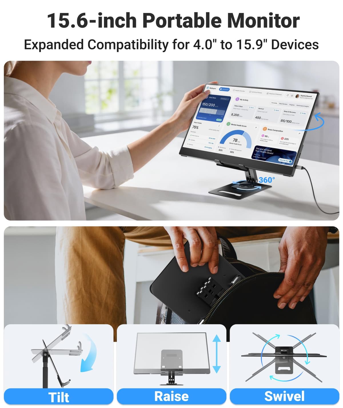 Ingnok 15.6" Portable Monitor, FHD 1080P IPS Ultra-Slim Travel Monitor with Kickstand, USB-C & Mini HDMI, External Second Screen for Laptop/PC/MacBook/Phone/Gaming Devices — view 3