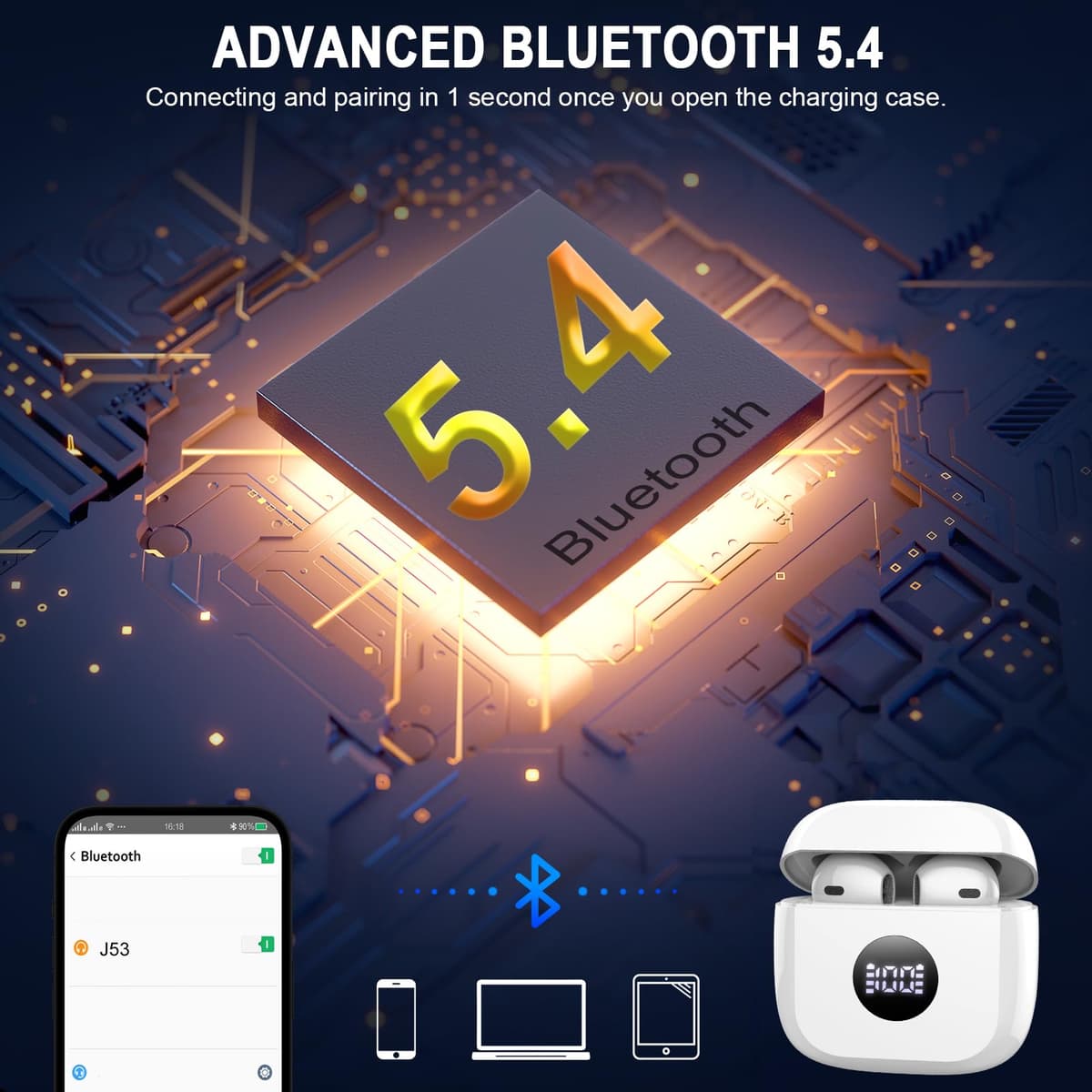 Wireless Earbuds, Bluetooth 5.4 Headphones in Ear with 4 ENC Noise Cancelling Mic, Bluetooth Earbuds 40Hrs Playtime, HiFi Stereo Deep Bass Wireless Earphones, IP7 Waterproof USB-C Fast Charge White — view 3