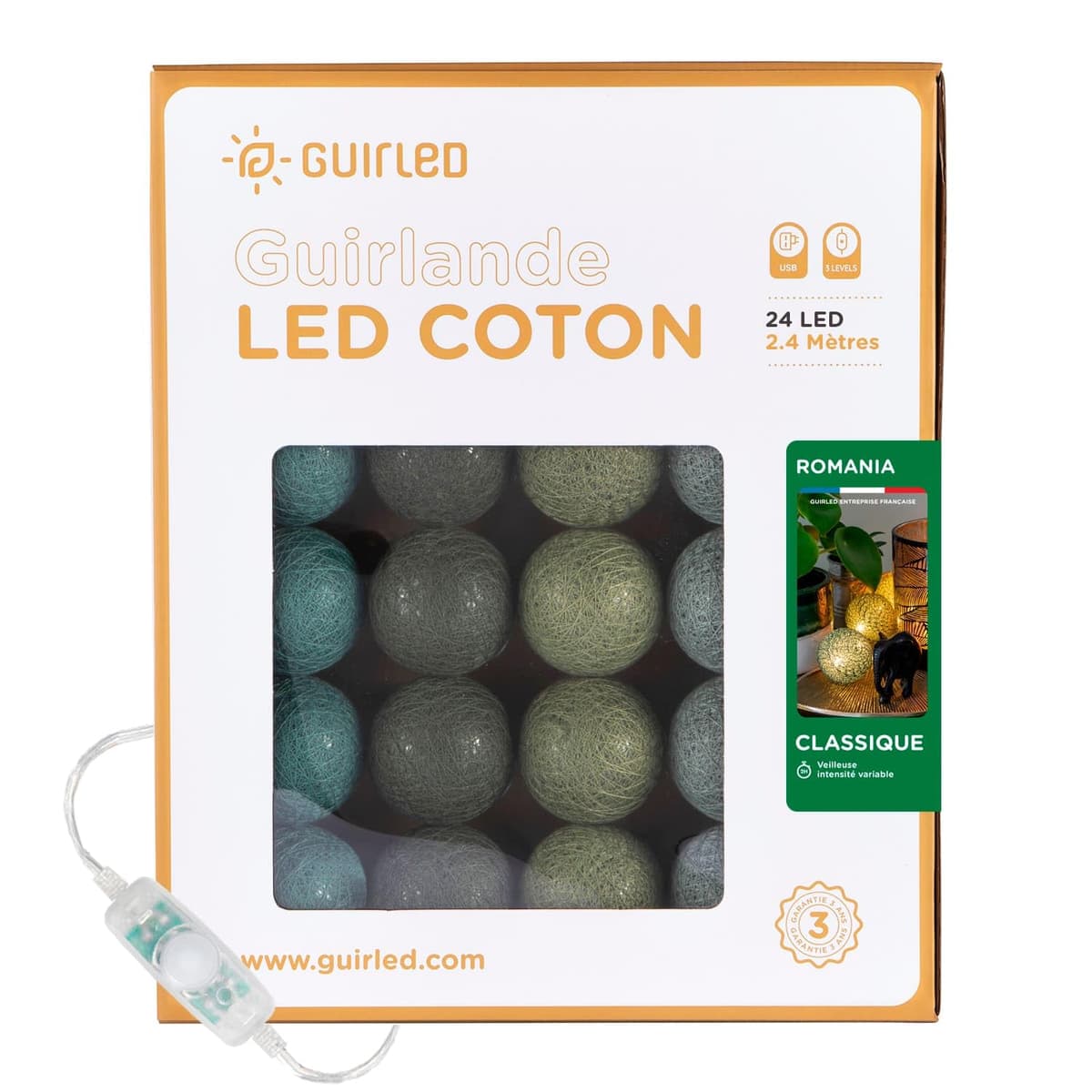 GuirLED - Guirnalda luminosa bolas de algodón LED USB- Luz de noche para bebé 2h - Adaptador de corriente dual USB 2A incluido - 3 intensidades - 16 bolas 1,6m - Byzantin — view 23