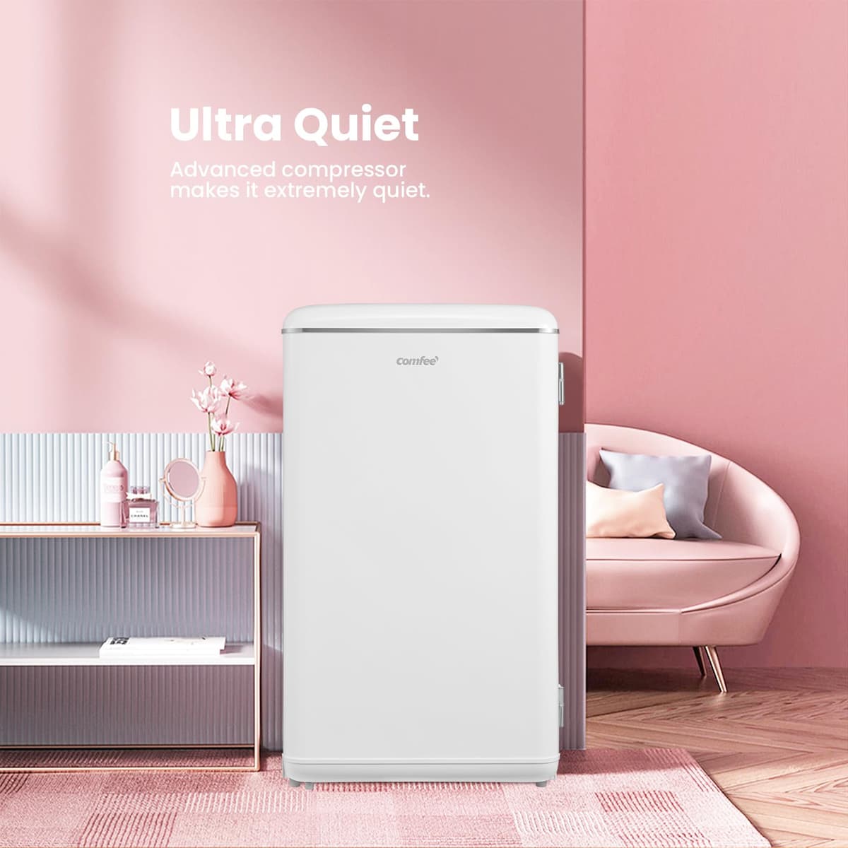 COMFEE' RCD93WH2UKRT(E) Under Counter Fridge Only, 93L Retro Freestanding Fridge with Chiller Box, Adjustable Thermostats, LED light, White — view 5