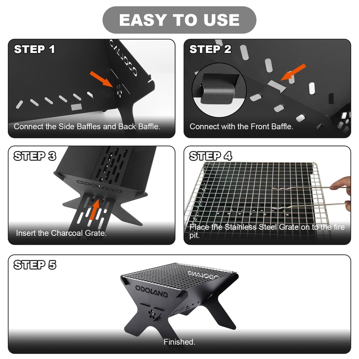 Odoland Camping Fire Pit, Portable Fire Pit for Camping, 2 in 1 Wood Burning Fire pit Grill with Detachable Cooking Grate for Outdoor BBQ, with Carry Bag — view 4
