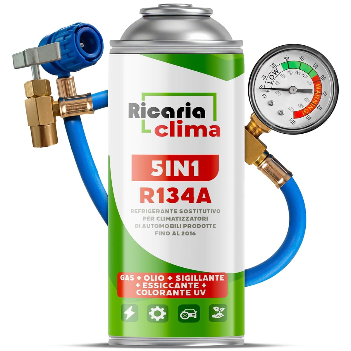 5 en 1 – Refrigerante R134a + Manguera de 235 g para Aire Acondicionado de Coche con Aceite, sellador de Fugas, trazador UV y deshidratante – Protege el compresor