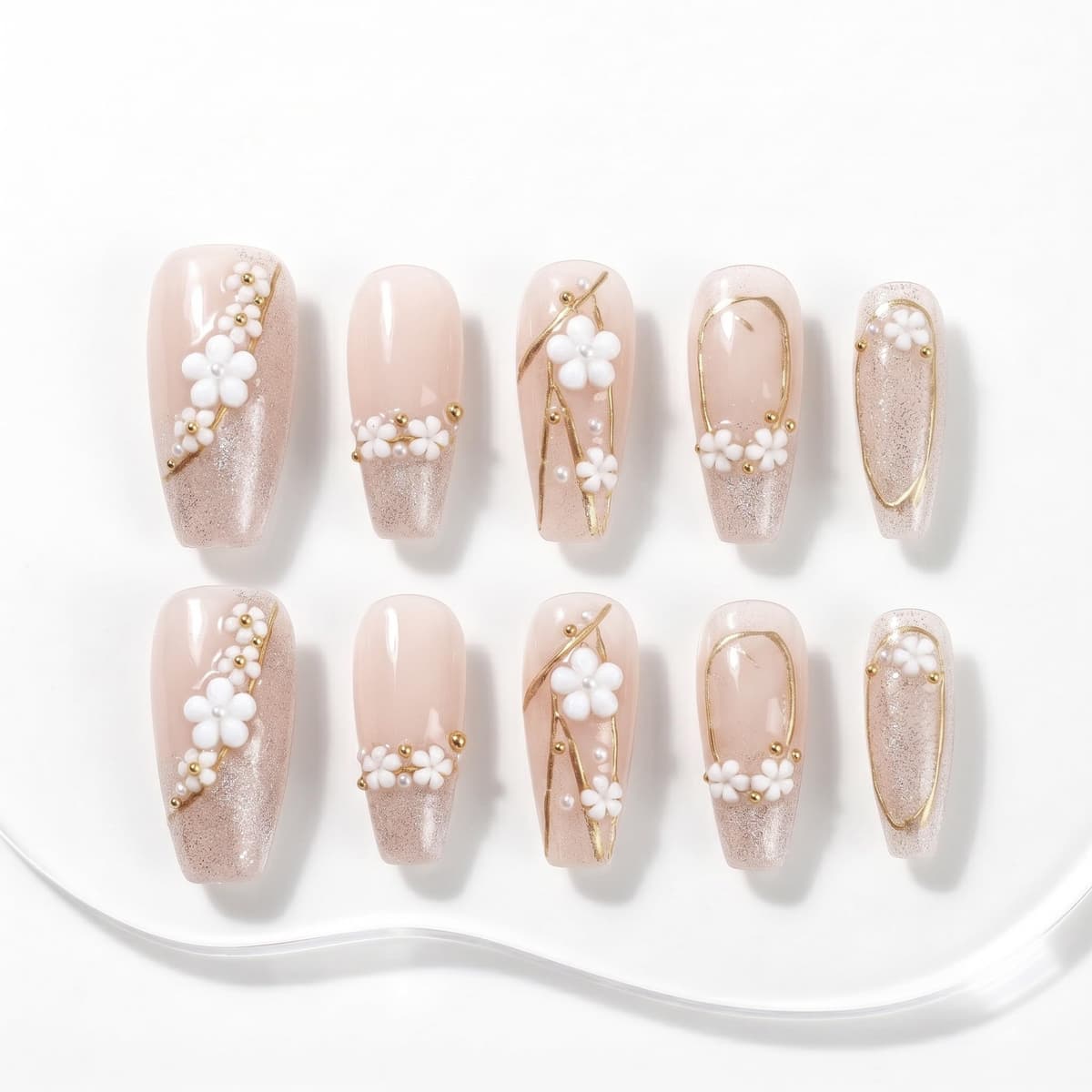 Sun&Beam Nails Handmade Press On Nails Medium Almond Light Pink Pearl Shell Glossy 10 Pieces Reusable for Everyday Wear and Special Occasions (#010 M)