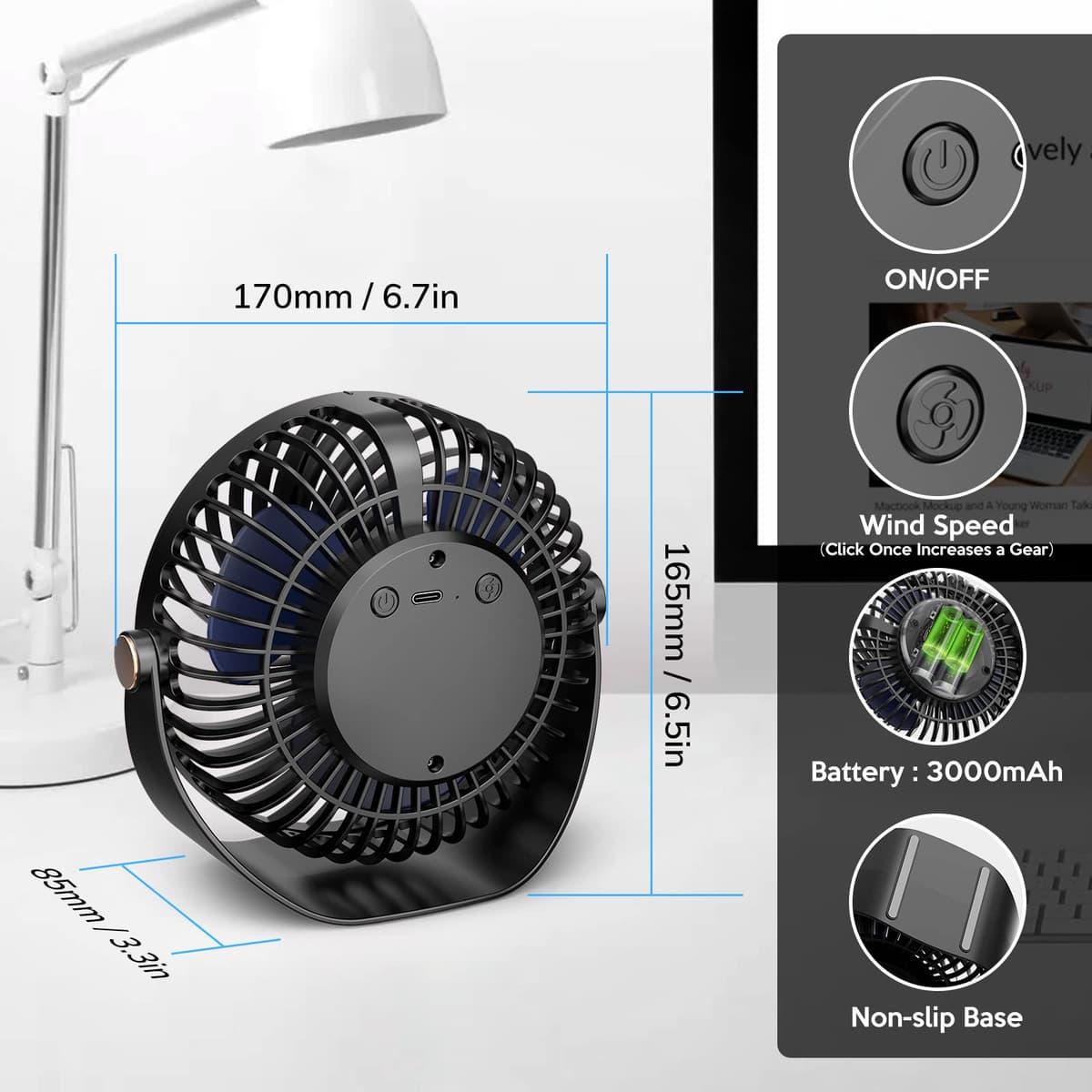 Ventilador de Mesa, Mini Ventilador USB Silencioso, 5 Velocidades,Personal Portátil Ventilador de Escritorio, para Oficina/Hogar/Viajar/Acampar/Cocina, Alimentado por USB (Negro) — view 5