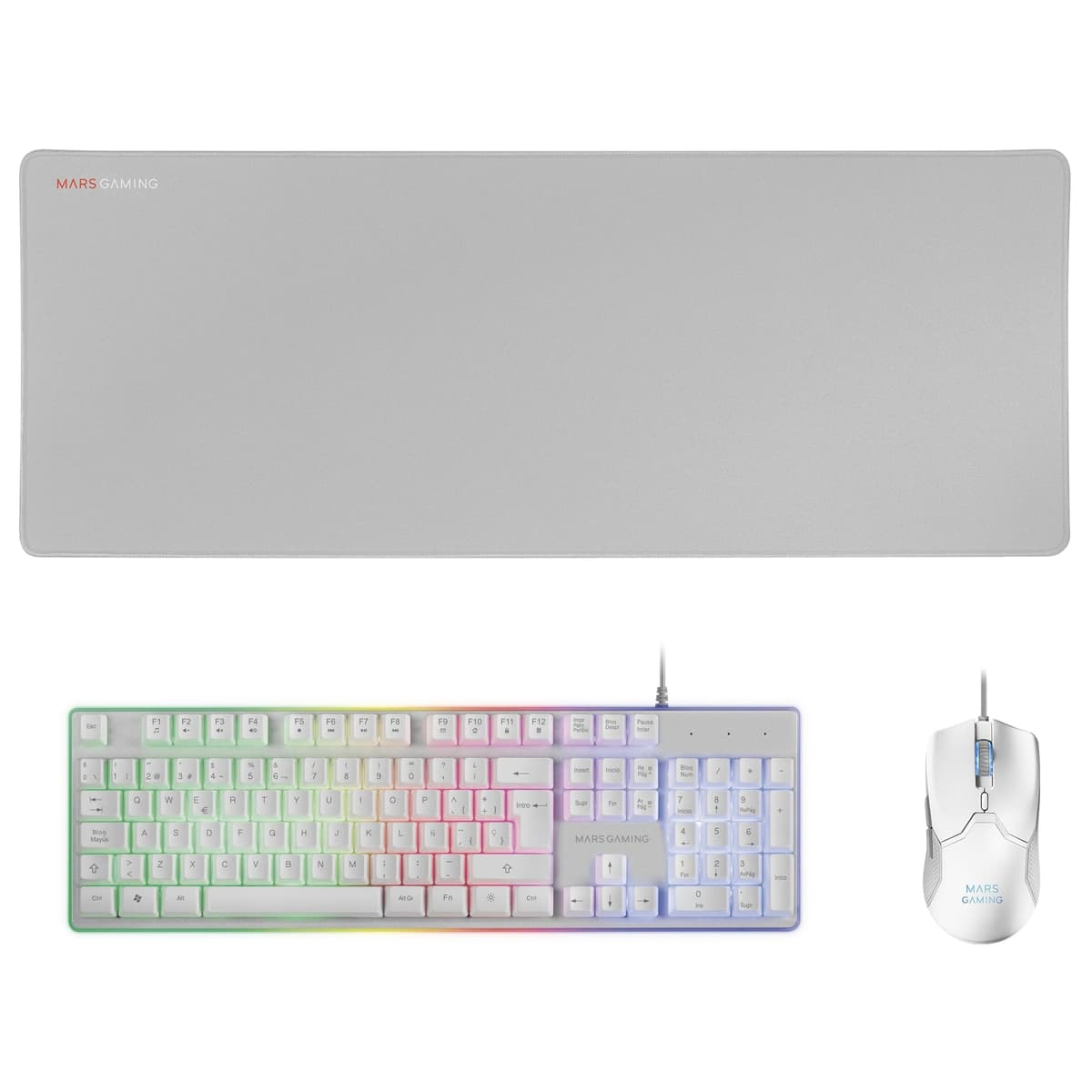 Mars Gaming MCPX, Idioma Español, Combo Gaming 3en1 con Teclado H-Mech Iluminado, Ratón Ultraligero 10000 dpi con Software y Alfombrilla XXL, Compatible con PC, PS4, PS5, Xbox, Blanco