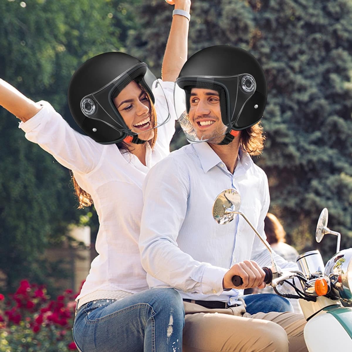 Casco Motocicleta Cara Abierta | Cascos Protectores de Moto | Casco de Scooter Adultos Resistente a los arañazos con Visera Solar | Cascos Moto Vintage para montaña Carretera & Scooter eléctrico — view 3