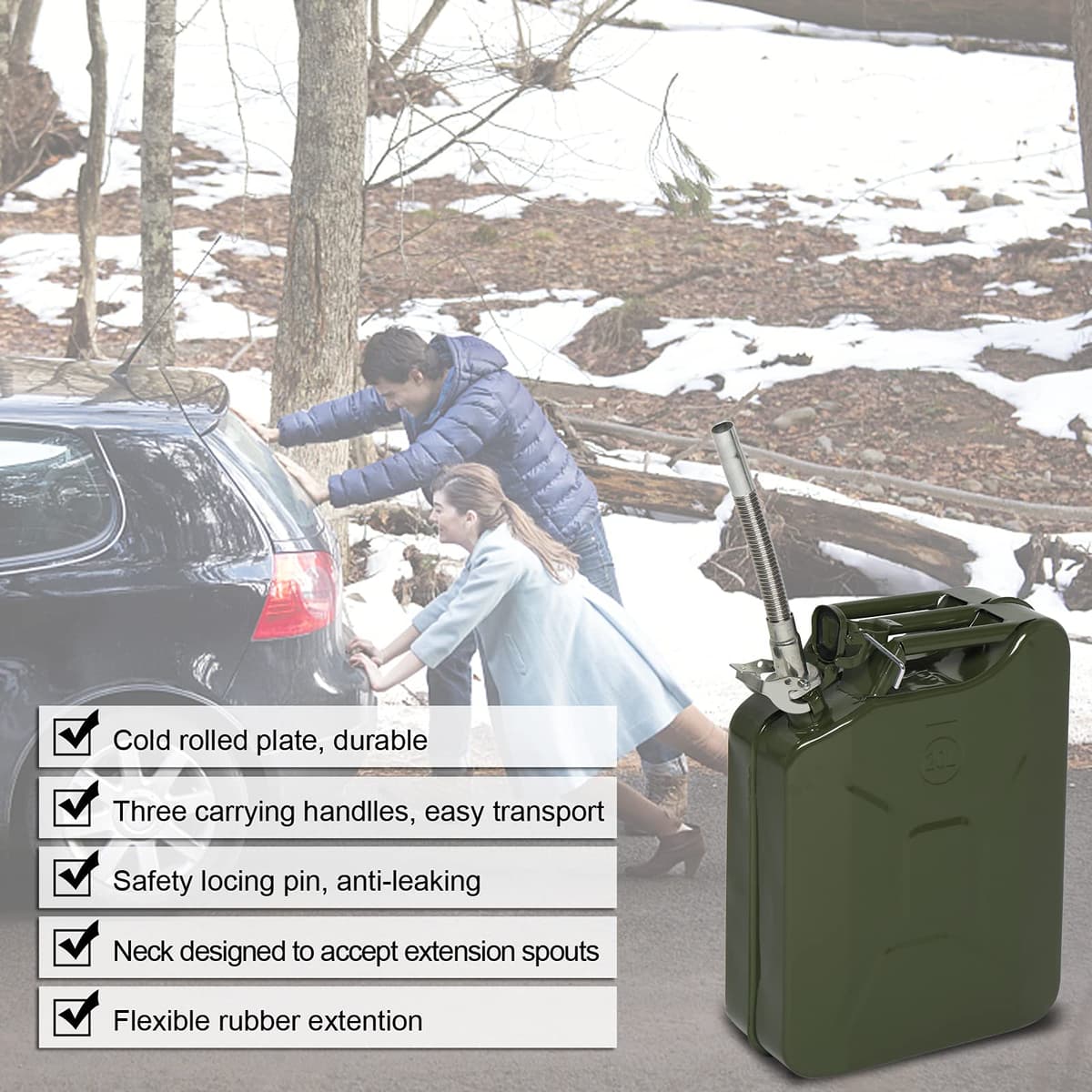 Karlhome 20 L Metal Gas Can Fuel Tank Can Petrol Diesel Storage Can Portable with Flexible Spout, for Automobile Vehicle Off Road Emergency Supply, Green — view 6