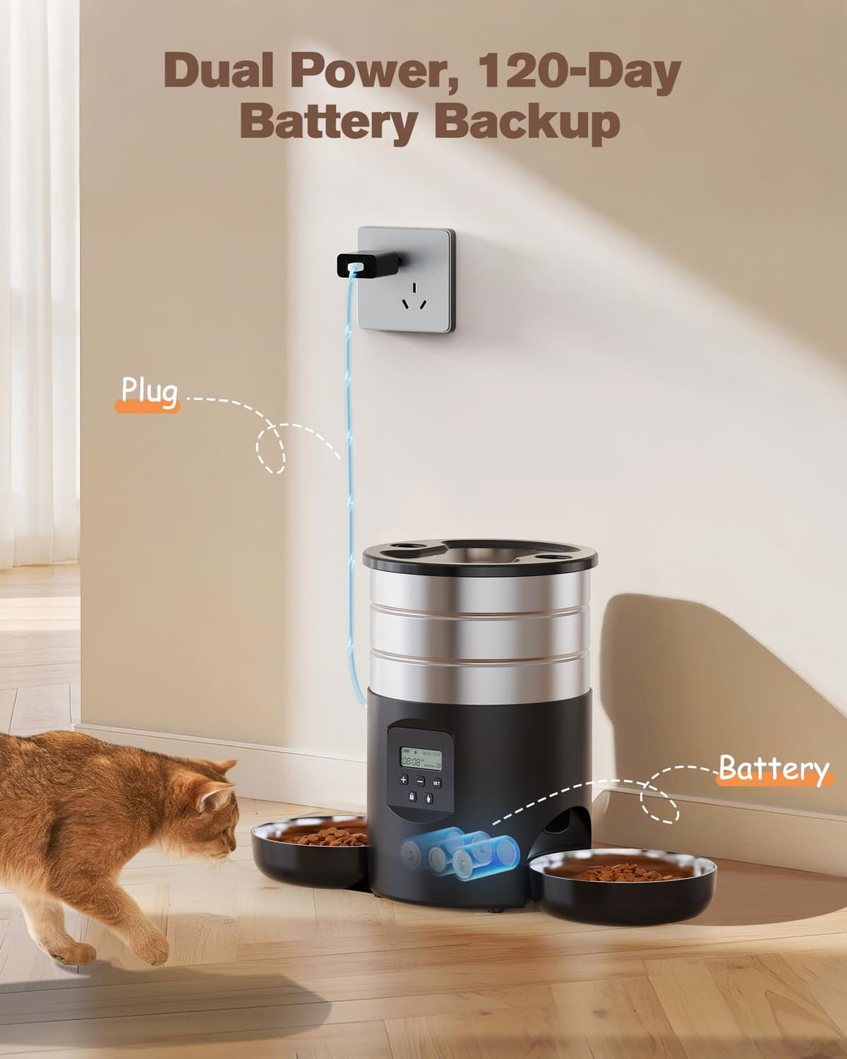 Automatic Cat Feeder Double Bowls: Stainless Steel Cat Food Dispenser – 5L Dog Feeder with Programmable Timer for Indoor – Food Dispenser for Small/Medium Pets — view 5