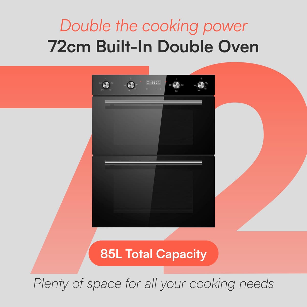 Cookology CDO720BK Built-in Electric Double Fan Oven in Black - Combined 85 Litre Capacity - Integrated Cooker - 6 Cooking Functions - Easy Programmable Timer - Dial Controls & Digital Clock — view 2