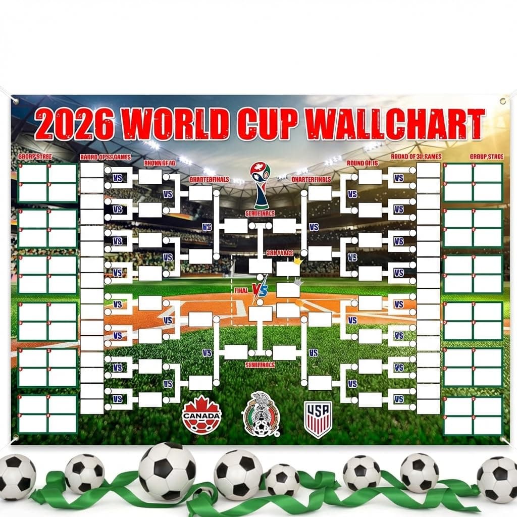 World Cup Football 2026 Wall Chart Banner,95x75cm Large Football Tournament Schedule Poster,2026 Football Posters for Home,Pub &Office,World Cup FootballDecorations,Crazy Soccer Fan Great Gifts