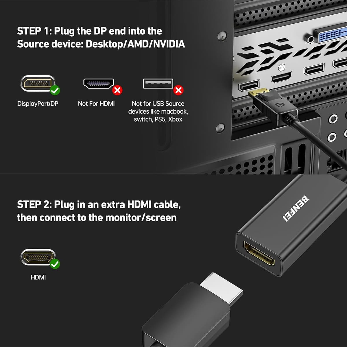 BENFEI Displayport to HDMI Adapter, Dp(Display Port) Male to Hdmi Female Converter with Audio for Lenovo, Dell, HP, Asus and  — view 7