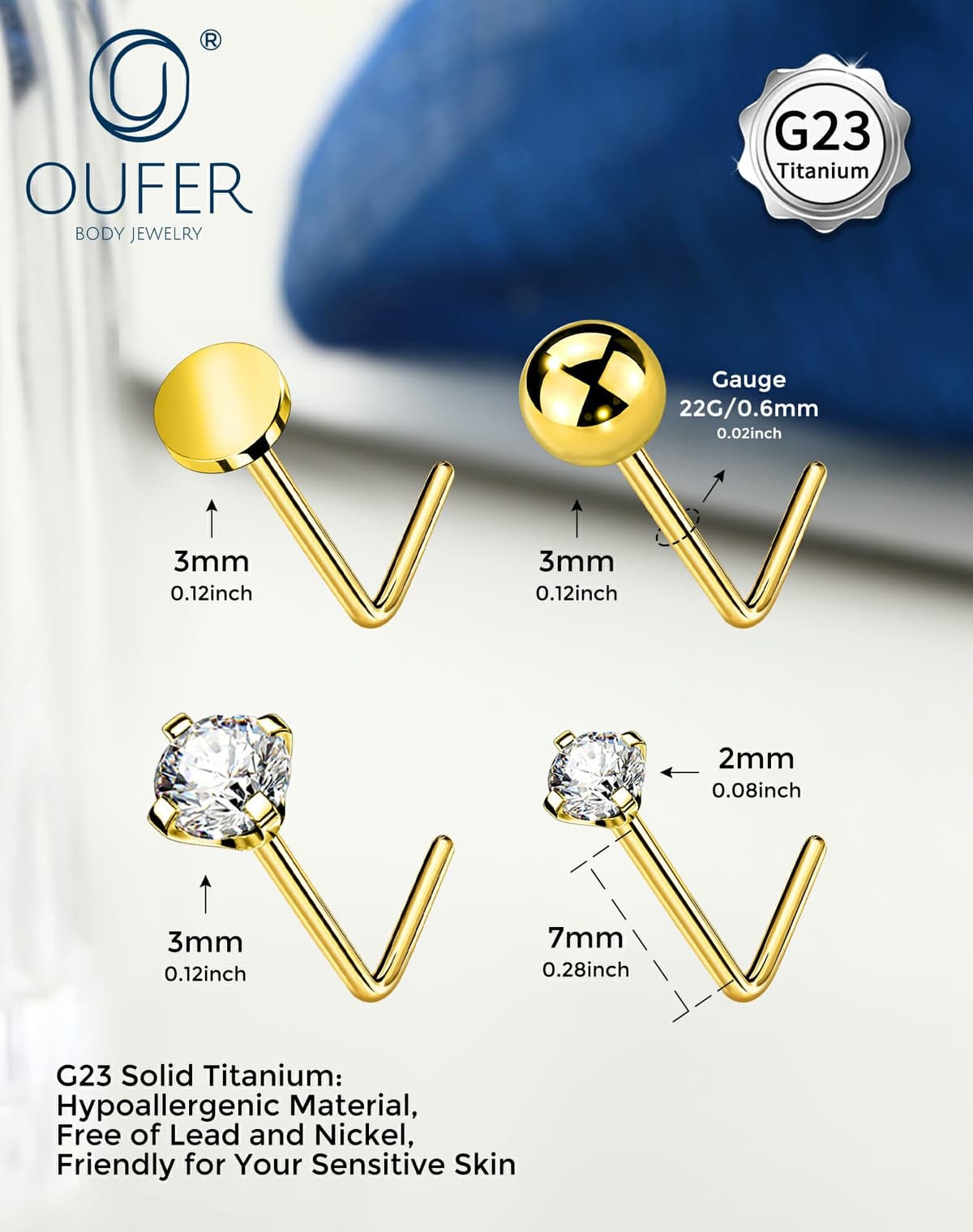 OUFER Body Piercing Nose Studs: 5PCS 20G Titanium Nose Bar L Shaped Nose Rings, 6 mm Gold Nostril Piercing Jewelry Cubic Diamond Thin Body Jewellery for Women — view 2
