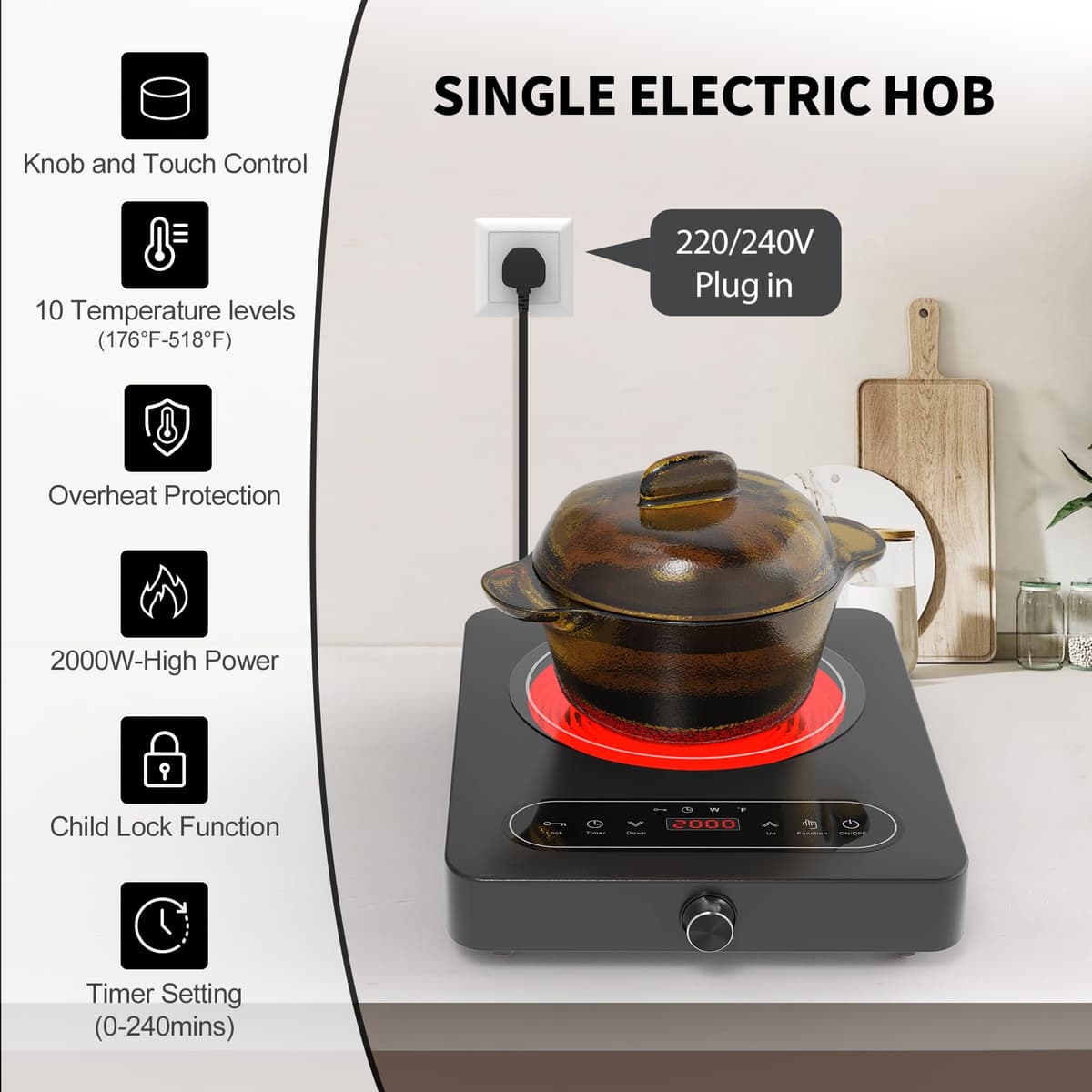 VBGK Portable Ceramic Hob, Single Electric Hob with Knob, LED Display, 10 Power & Temperature Settings, 4-Hours Timer, Safety Lock, Portable Electric Cooktop for All Cookware — view 4