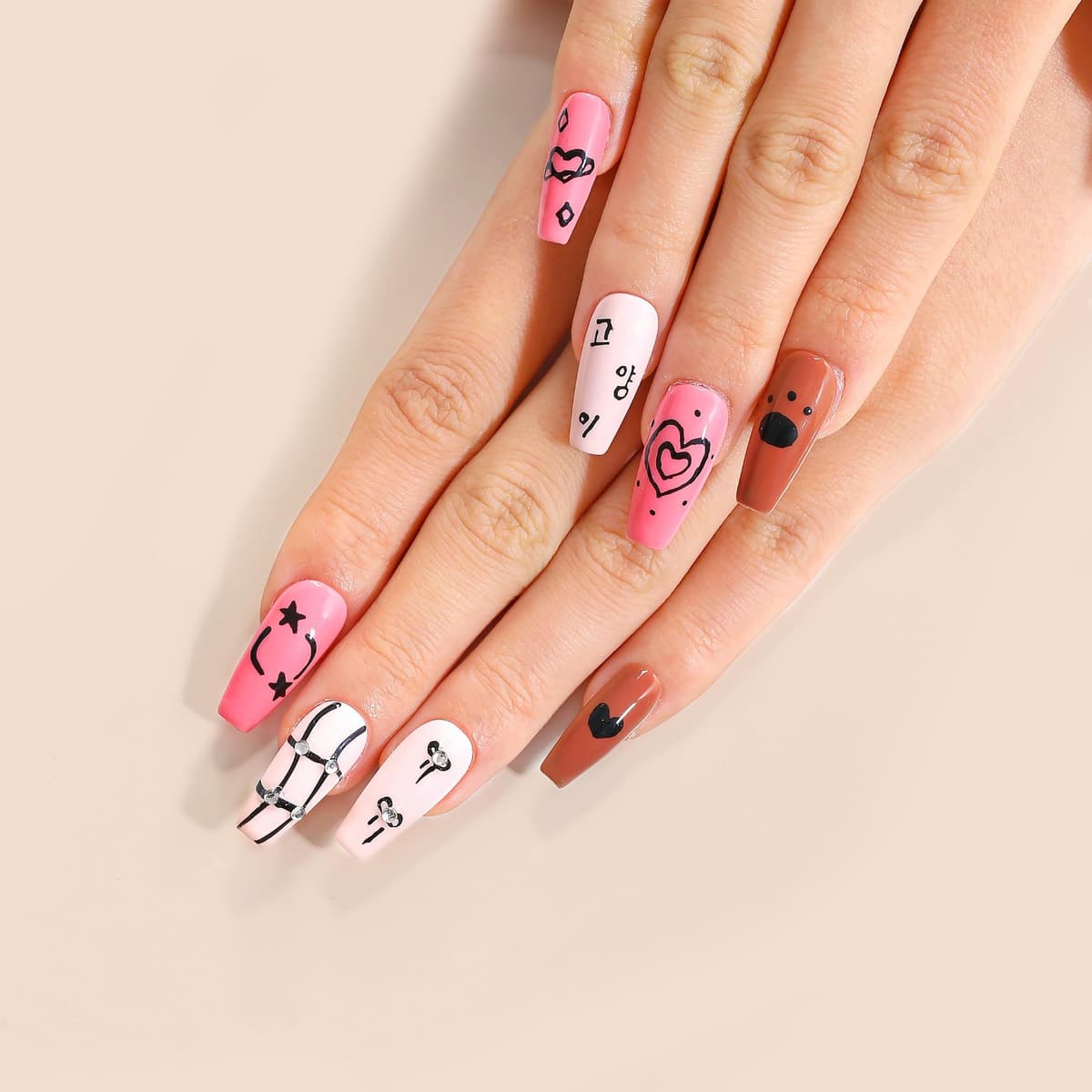 Sun&Beam Nails Handmade Press On Nail Long Coffin Ballerina Pink Flower Acrylic Fake Tip 3D Design Art Charms Cute with Storage Box 10 Pcs (S) — view 96