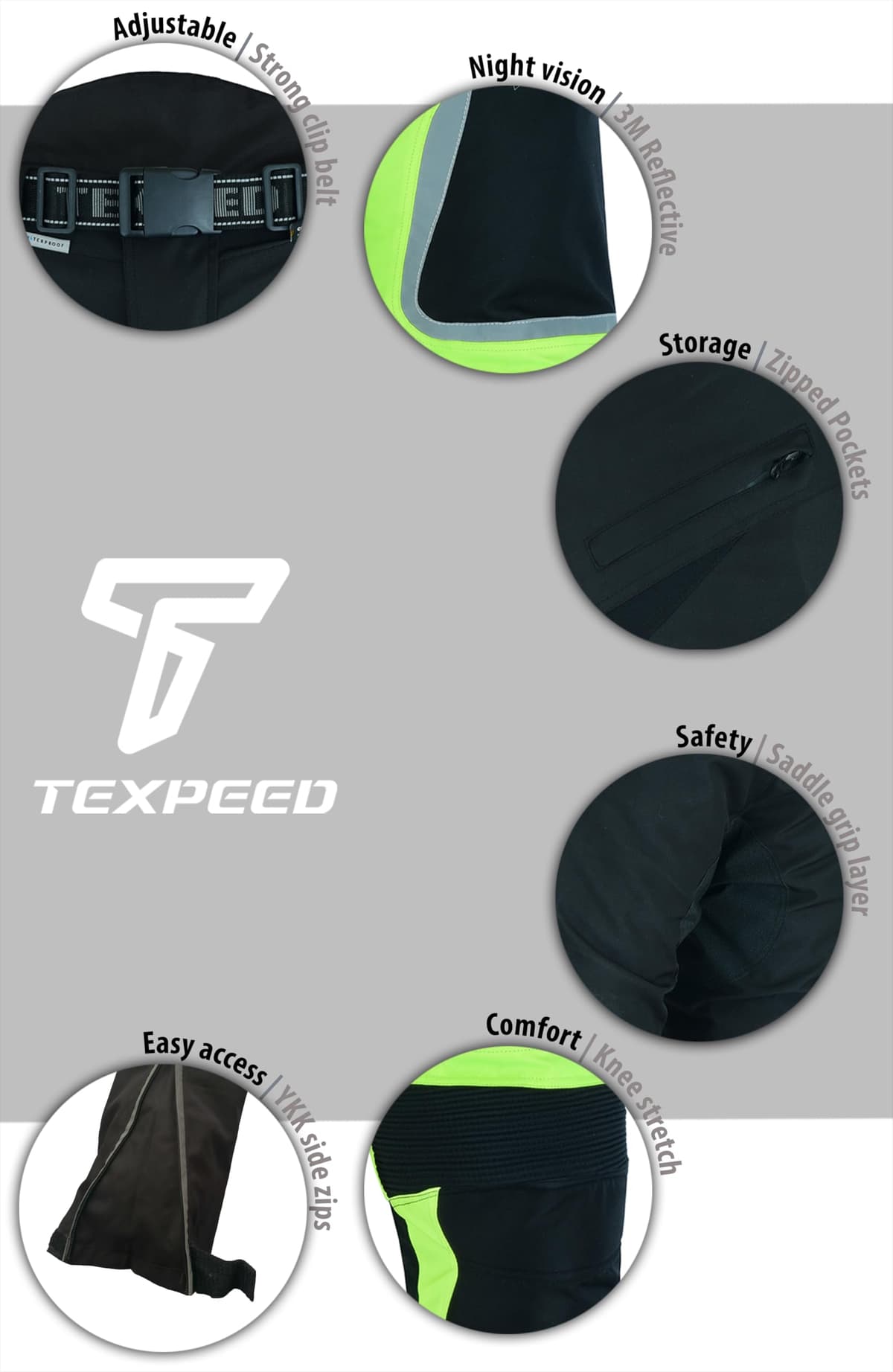 Texpeed Motorcycle Biker Trousers Mens Motorbike Waterproof Textile Cordura Pants With Protective CE Armour (EN 1621-1) Yellow Hi Vis - 42W / 30L — view 5