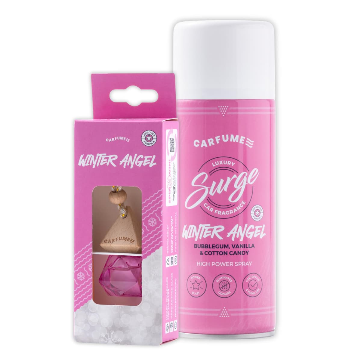 Carfume Winter Angel Car Air Freshener Twin Pack | Limited Edition Scent | Bubblegum, Vanilla & Cotton Candy Fragrance - Diffuser & Surge Can Bundle - Luxury Pink Car Accessory Gift For Women